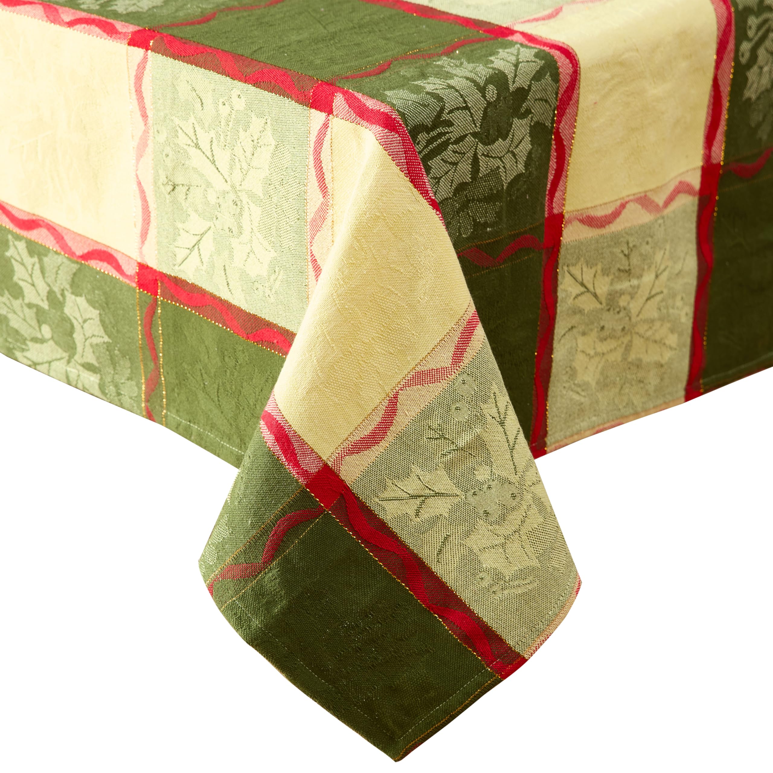 Lintex Golden Mistletoe and Ribbon Cotton Jacquard Christmas Fabric Tablecloth, Evergreen, Red Ribbon and Berry Woven Holiday and Xmas Easy Care Cotton Weave Tablecloth, 52" x 52" Square - Image 9
