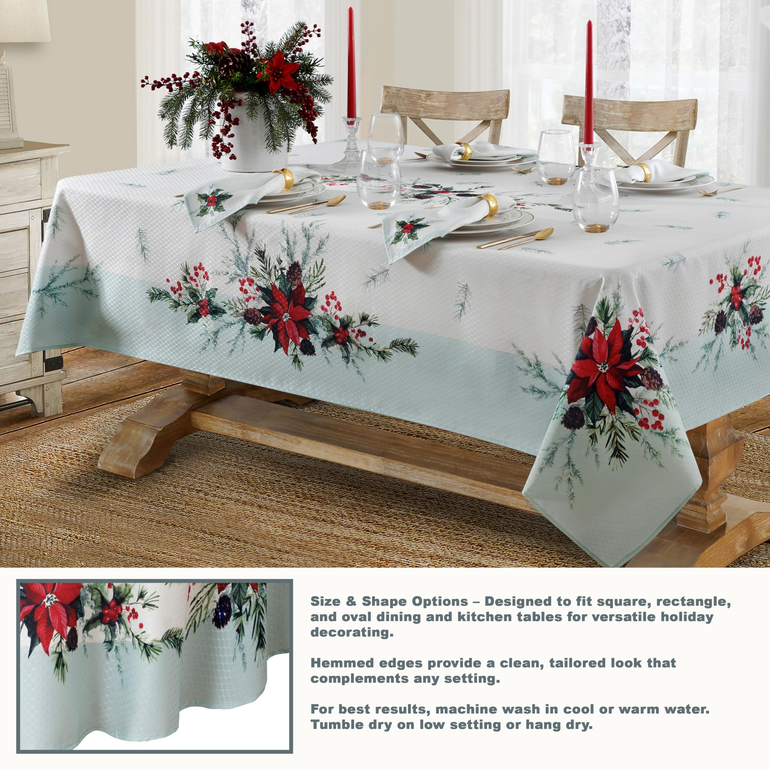 Lintex Holly Bough Stonewashed Border Christmas Tablecloth, 52 x 52 Inch Square, Poinsettia and Holly Sprig Sage Bordered Holiday Easy Care Fabric Table Cover - Image 3