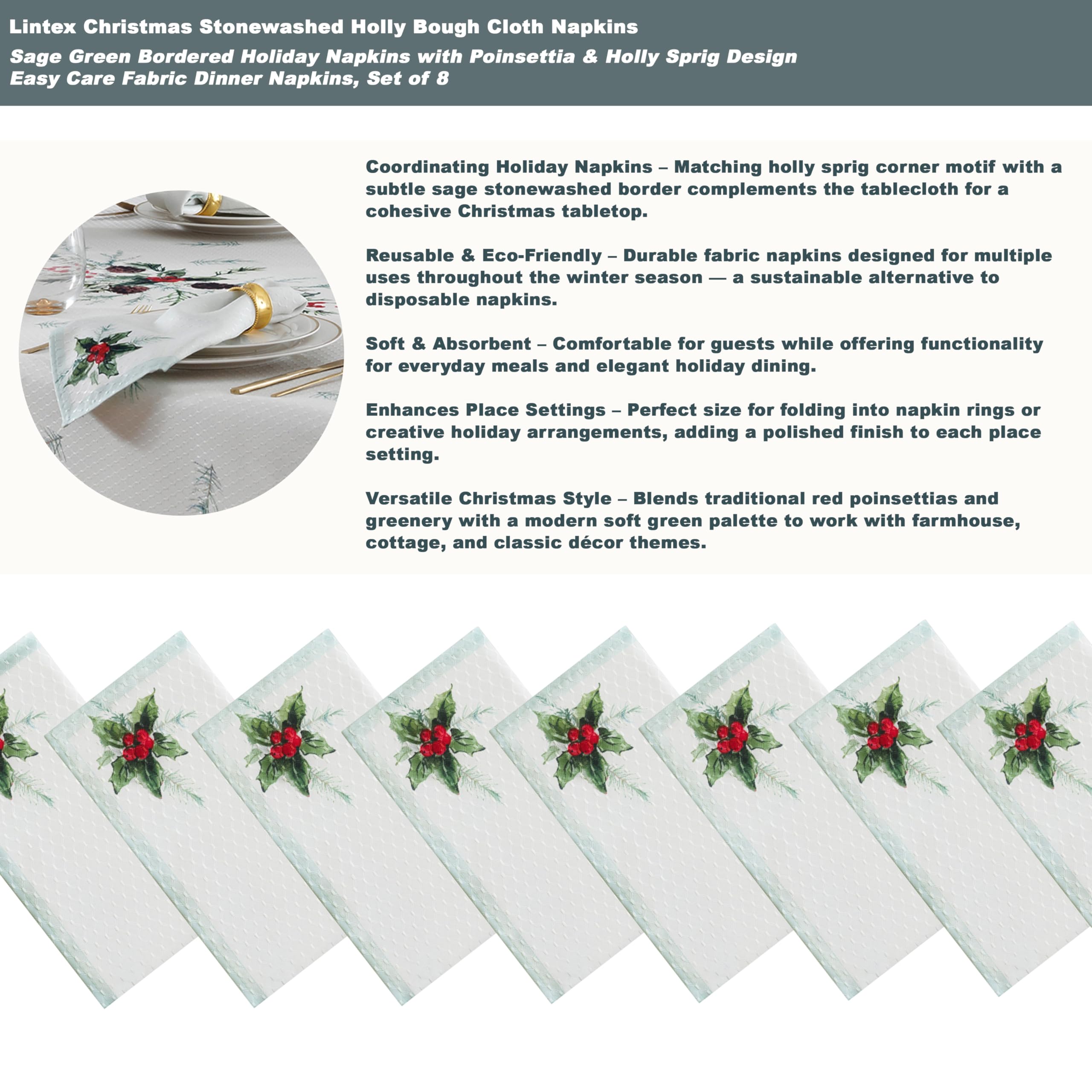 Lintex Holly Bough Stonewashed Border Christmas Tablecloth, 52 x 52 Inch Square, Poinsettia and Holly Sprig Sage Bordered Holiday Easy Care Fabric Table Cover - Image 4