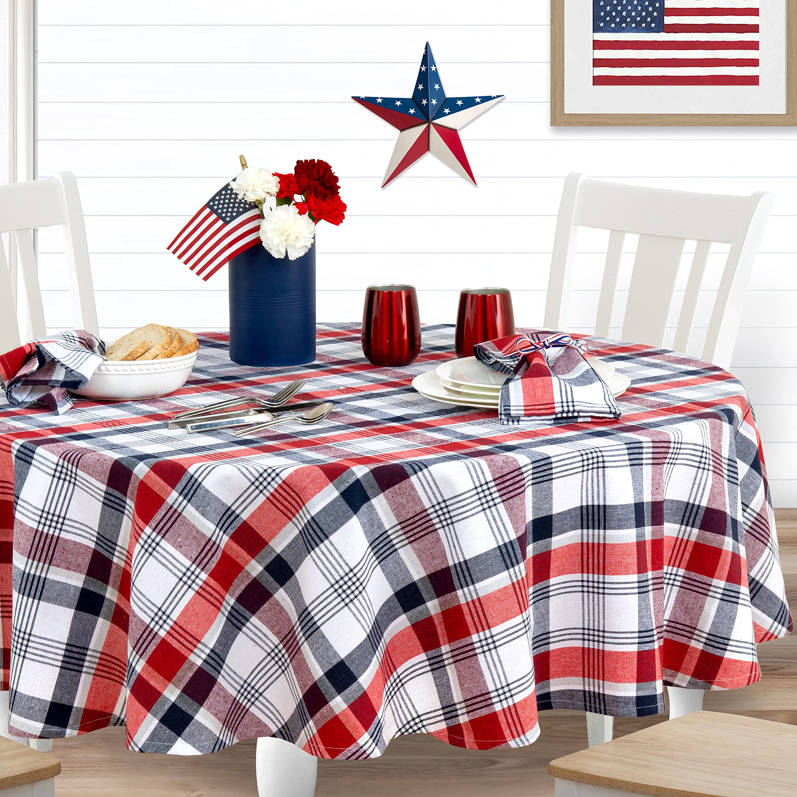 Lintex Home Bargains Plus Americana Round Fabric Tablecloth, 70 Inch, Patriotic Celebration, Red White and Blue Plaid Fabric Table Cover, Buffet Dining - Image 3