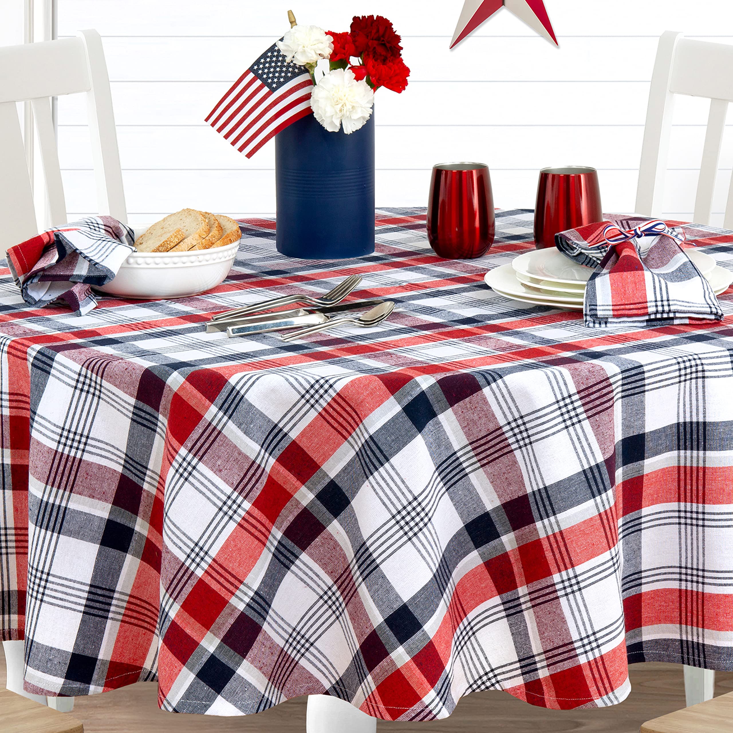 Lintex Home Bargains Plus Americana Round Fabric Tablecloth, 70 Inch, Patriotic Celebration, Red White and Blue Plaid Fabric Table Cover, Buffet Dining - Image 6
