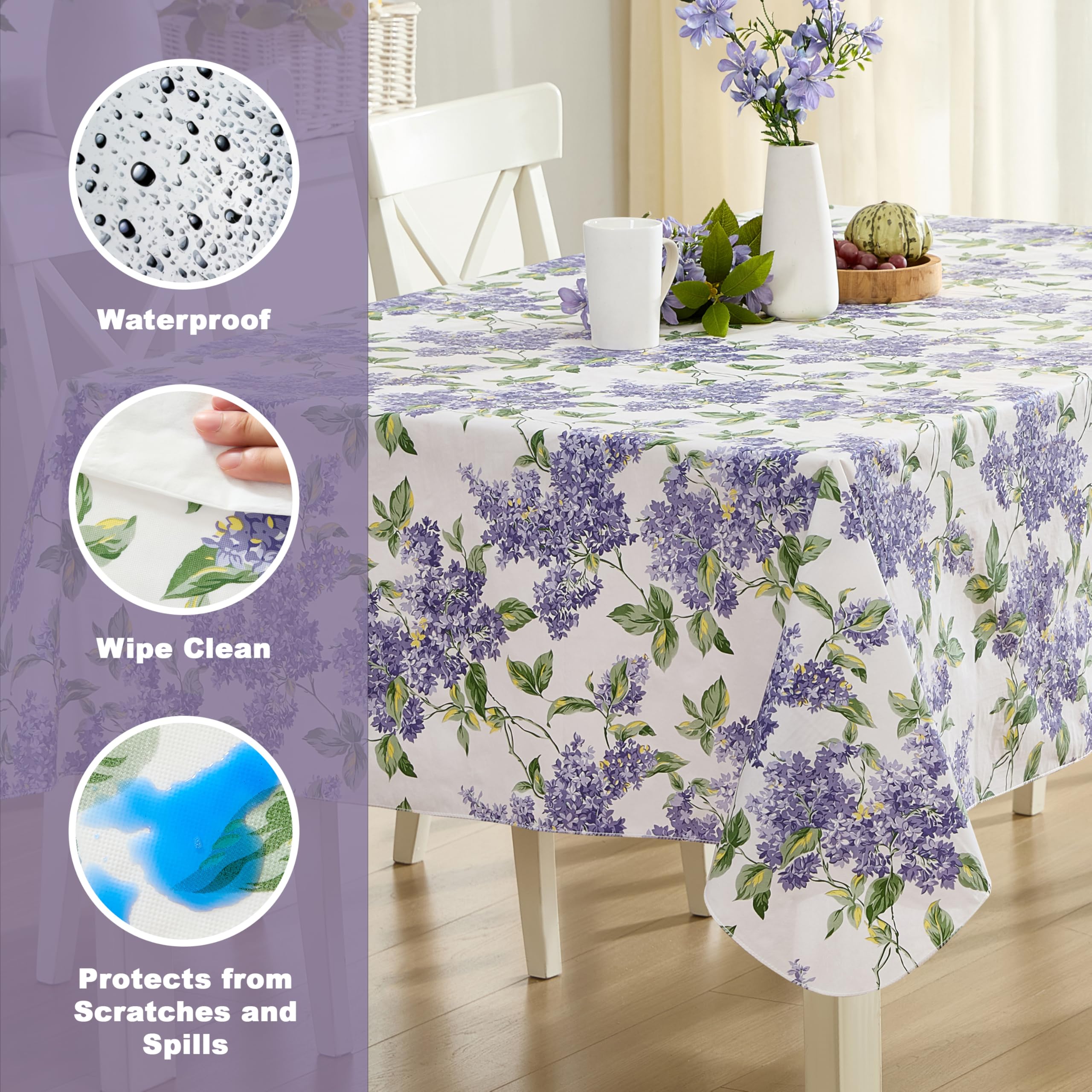 Lintex Lilac Fields Heavy Duty Vinyl Flannel Backed Tablecloth, 60 x 84 inch Rectangle, Purple Lilac Floral Indoor Outdoor Wipe Clean Table Cover for Picnic, Kitchen, Patio, Dining Room - Image 3