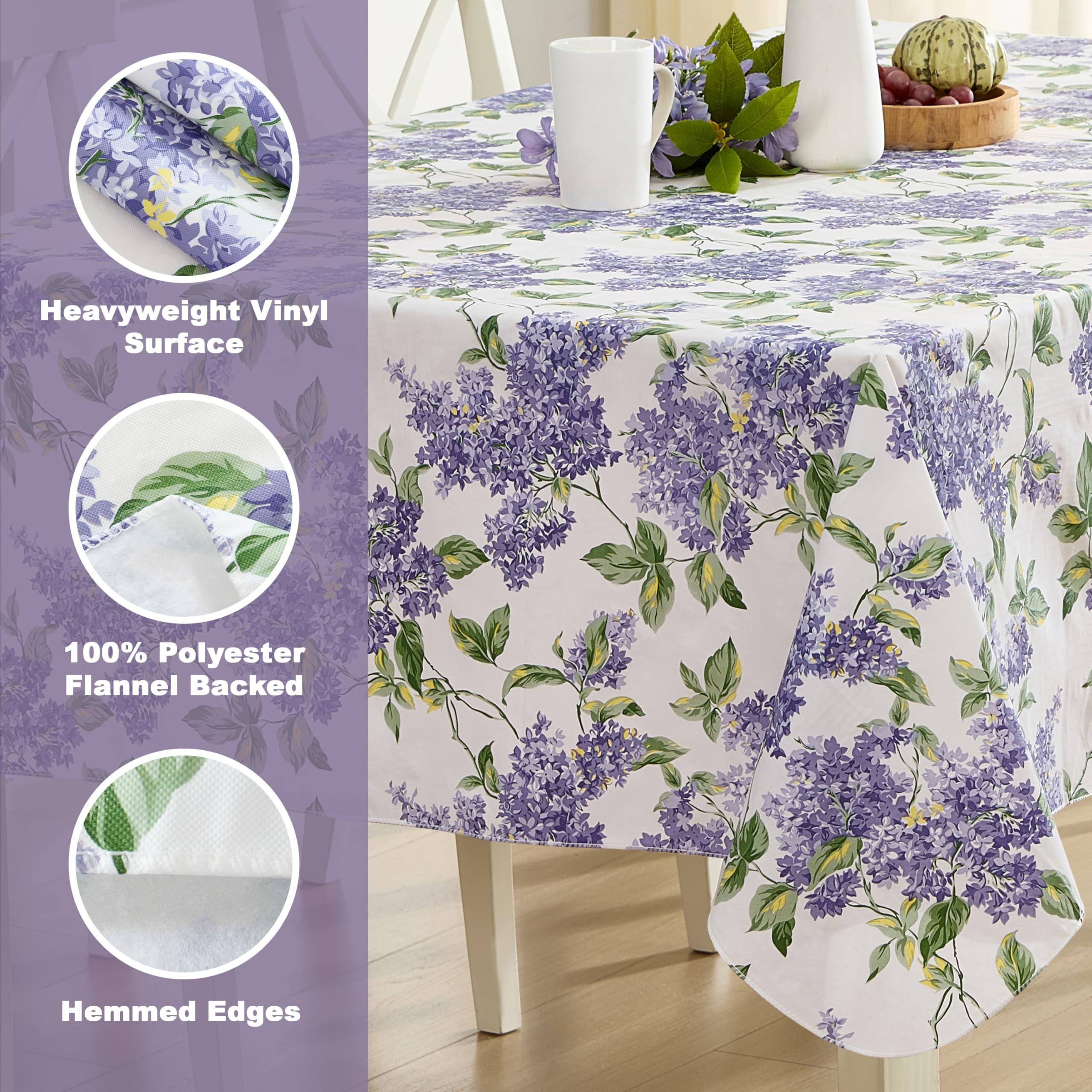 Lintex Lilac Fields Heavy Duty Vinyl Flannel Backed Tablecloth, 60 x 84 inch Rectangle, Purple Lilac Floral Indoor Outdoor Wipe Clean Table Cover for Picnic, Kitchen, Patio, Dining Room - Image 4