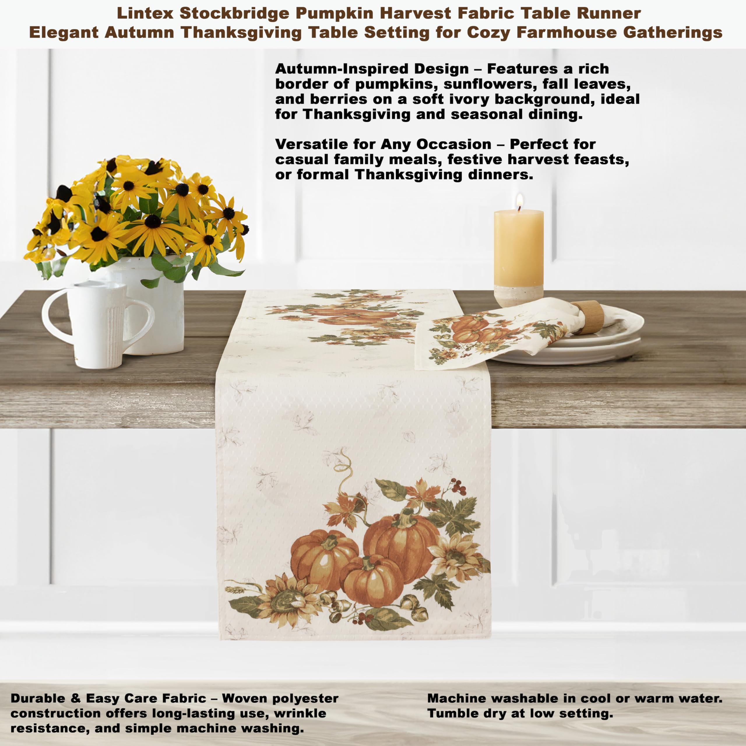 Lintex Stockbridge Pumpkin Harvest Thanksgiving Fabric Table Runner, Autumn Fall Leaves, Sunflowers & Acorns Border, Easy Care, 70 Inch Long - Image 3