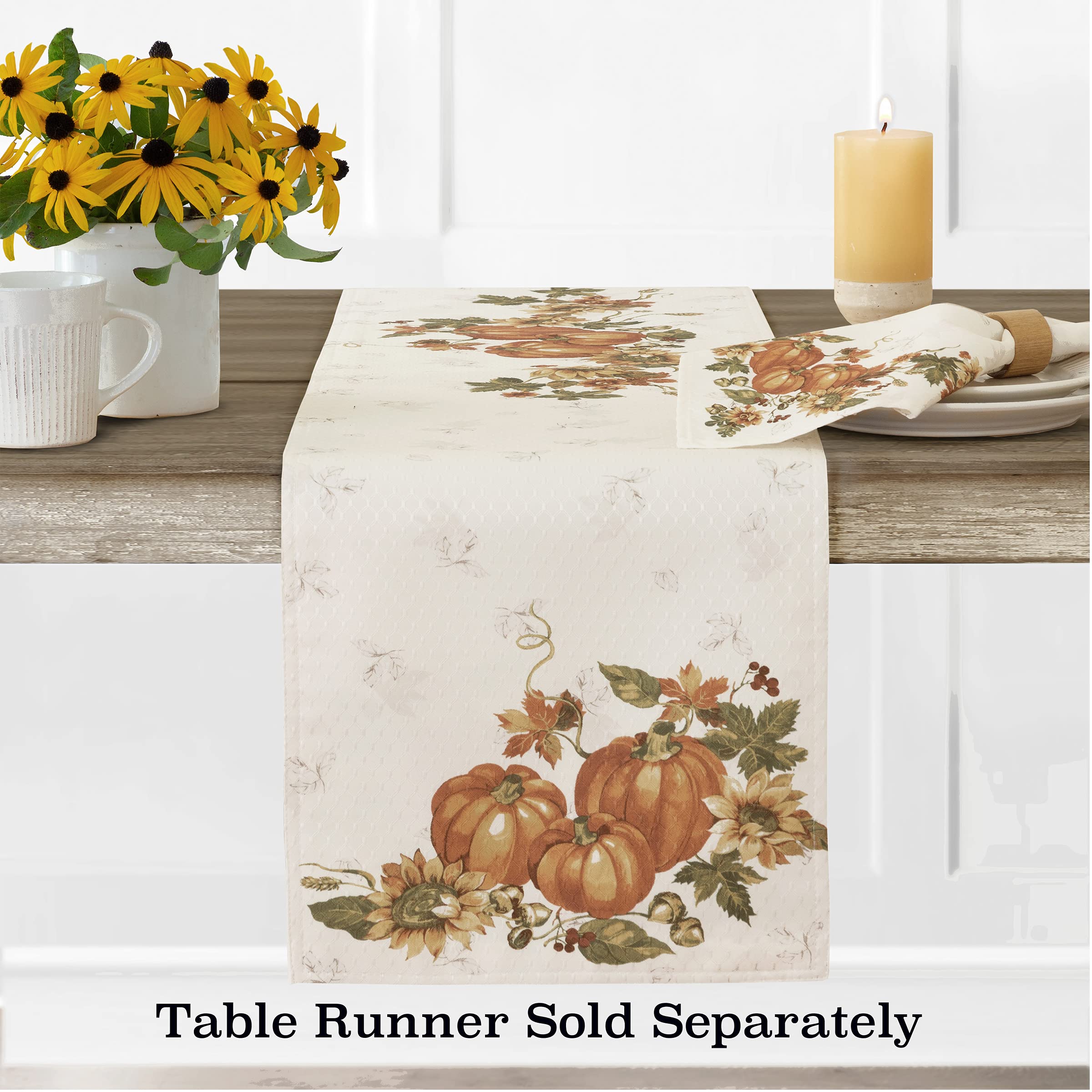 Lintex Stockbridge Pumpkin Harvest Thanksgiving Fabric Table Runner, Autumn Fall Leaves, Sunflowers & Acorns Border, Easy Care, 70 Inch Long - Image 4