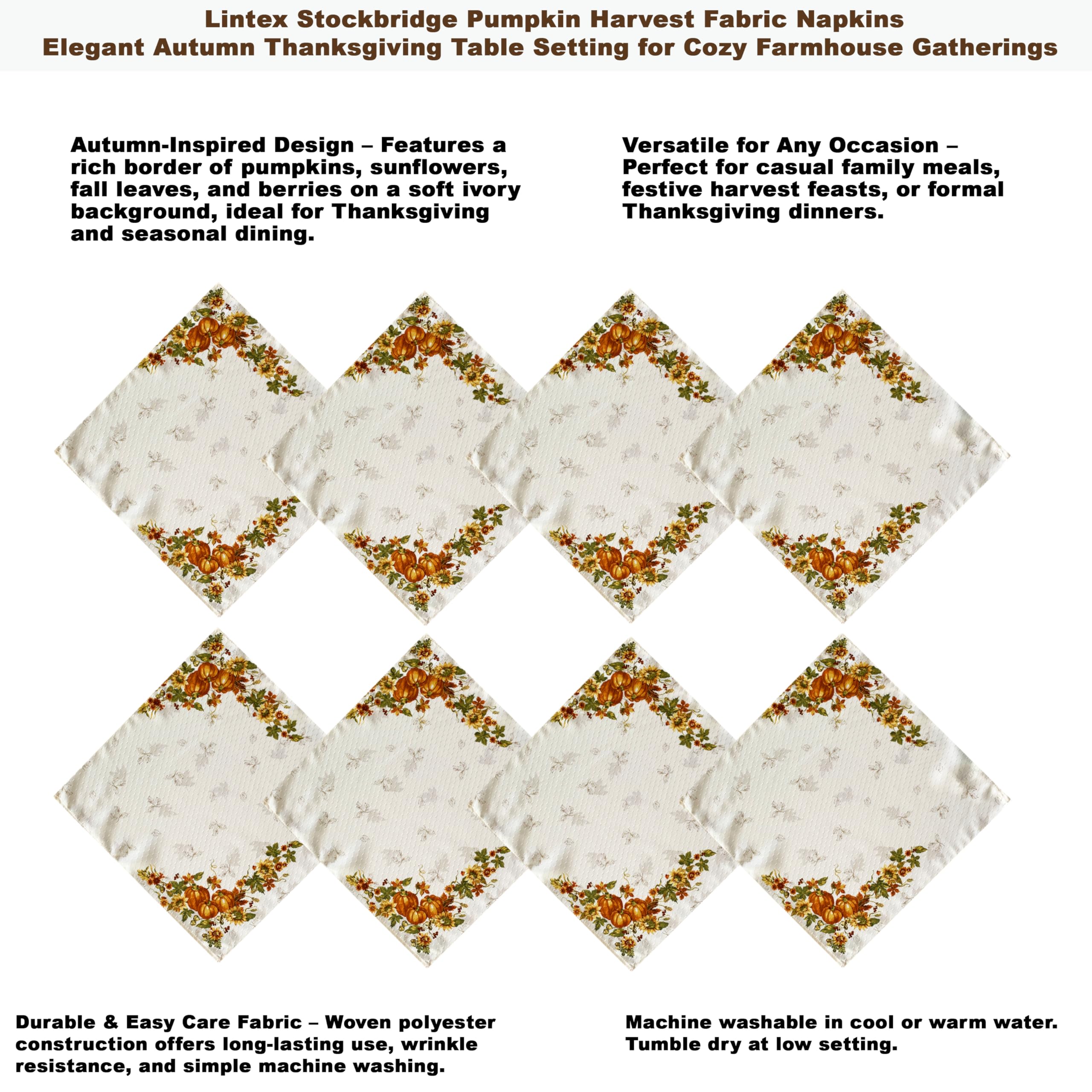 Lintex Stockbridge Pumpkin Harvest Thanksgiving Fabric Table Runner, Autumn Fall Leaves, Sunflowers & Acorns Border, Easy Care, 70 Inch Long - Image 5