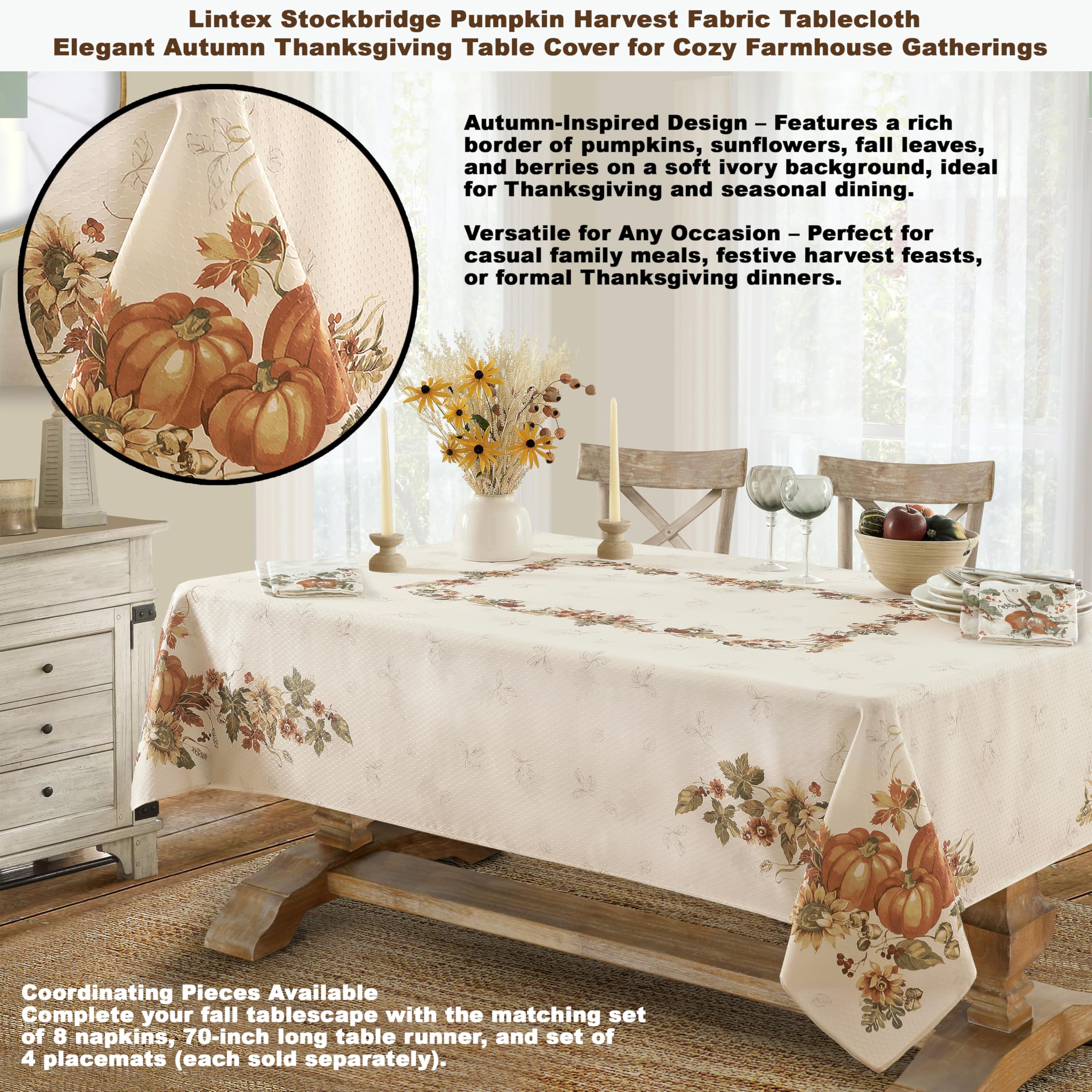 Lintex Stockbridge Pumpkin Harvest Thanksgiving Fabric Table Runner, Autumn Fall Leaves, Sunflowers & Acorns Border, Easy Care, 70 Inch Long - Image 6