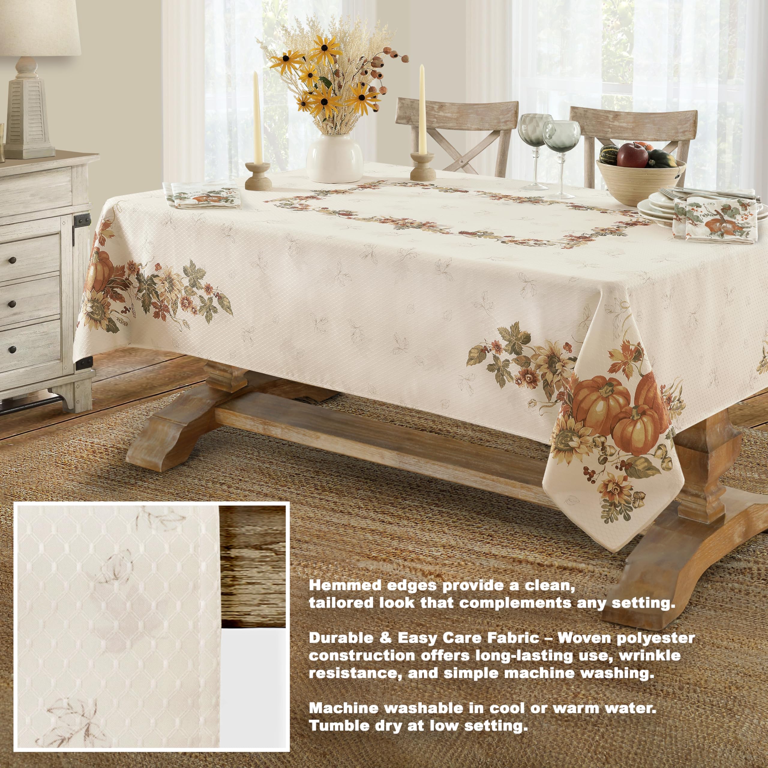 Lintex Stockbridge Pumpkin Harvest Thanksgiving Fabric Table Runner, Autumn Fall Leaves, Sunflowers & Acorns Border, Easy Care, 70 Inch Long - Image 7
