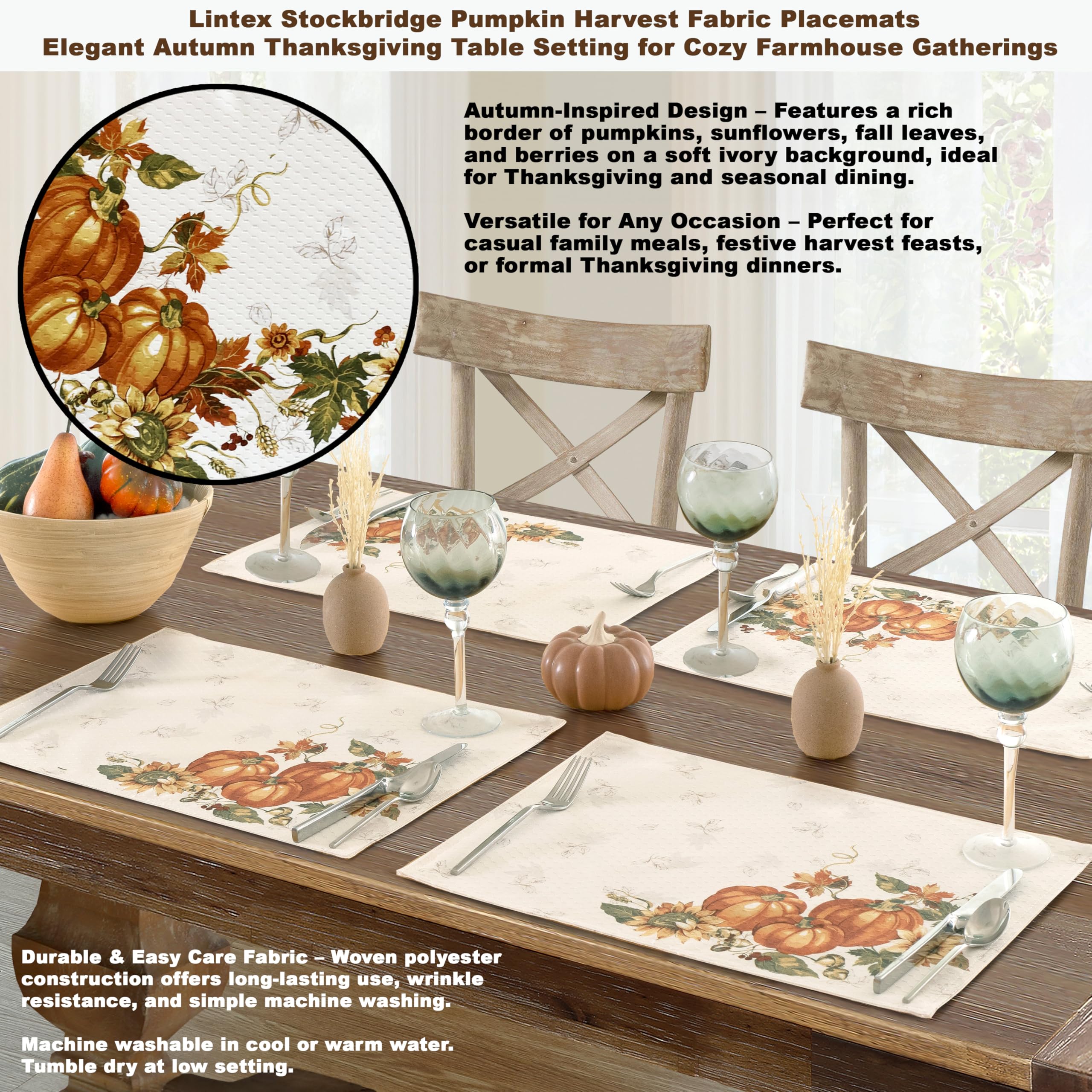 Lintex Stockbridge Pumpkin Harvest Thanksgiving Fabric Table Runner, Autumn Fall Leaves, Sunflowers & Acorns Border, Easy Care, 70 Inch Long - Image 8