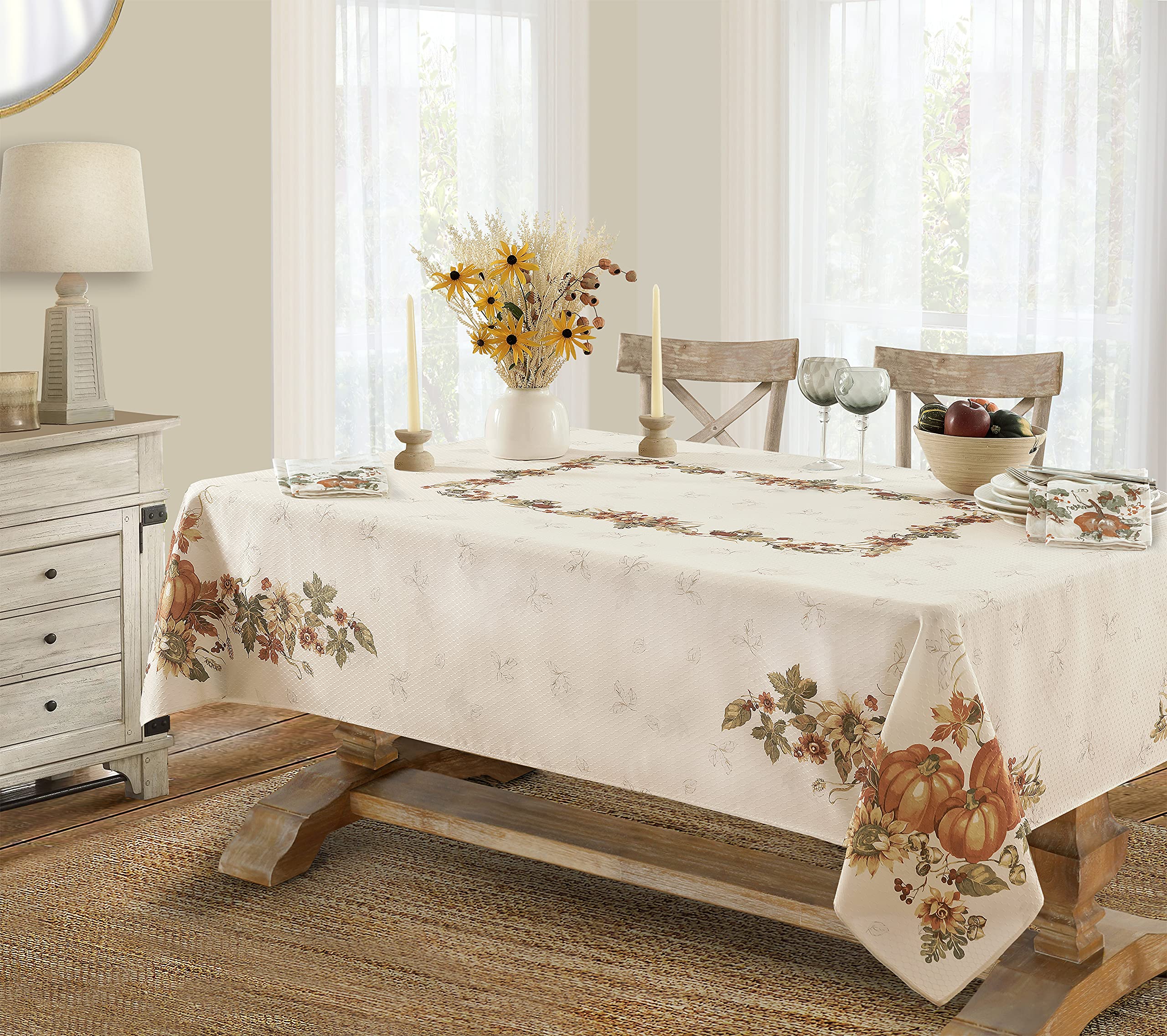 Lintex Stockbridge Pumpkin Harvest Thanksgiving Fabric Table Runner, Autumn Fall Leaves, Sunflowers & Acorns Border, Easy Care, 70 Inch Long - Image 9