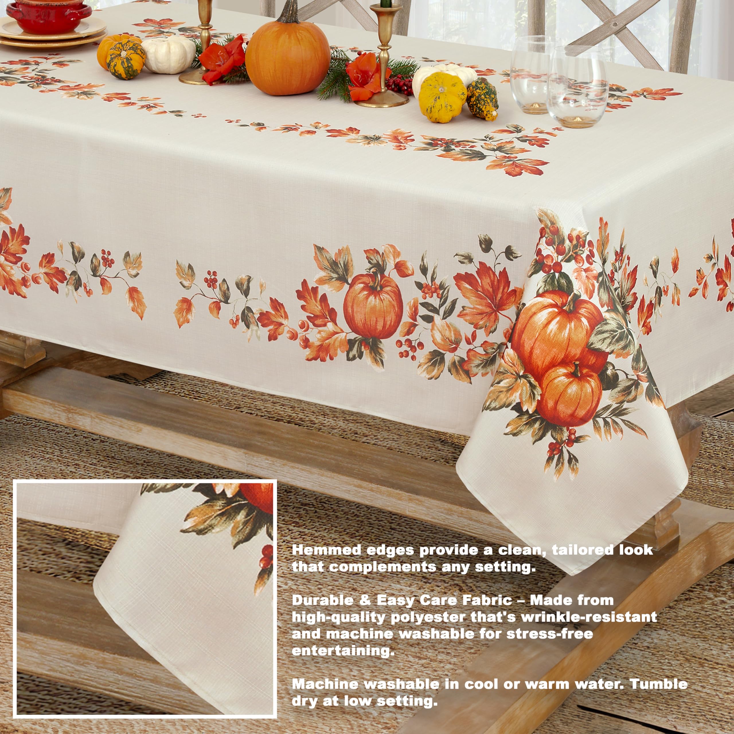 Lintex Thanksgiving Traditions Autumn Harvest Bordered Tablecloth, Fall Leaves and Pumpkin Patch Border Print Easy Care Fabric 52In x 70In Oblong/Rectangle, Oblong/Rectangle - Image 3