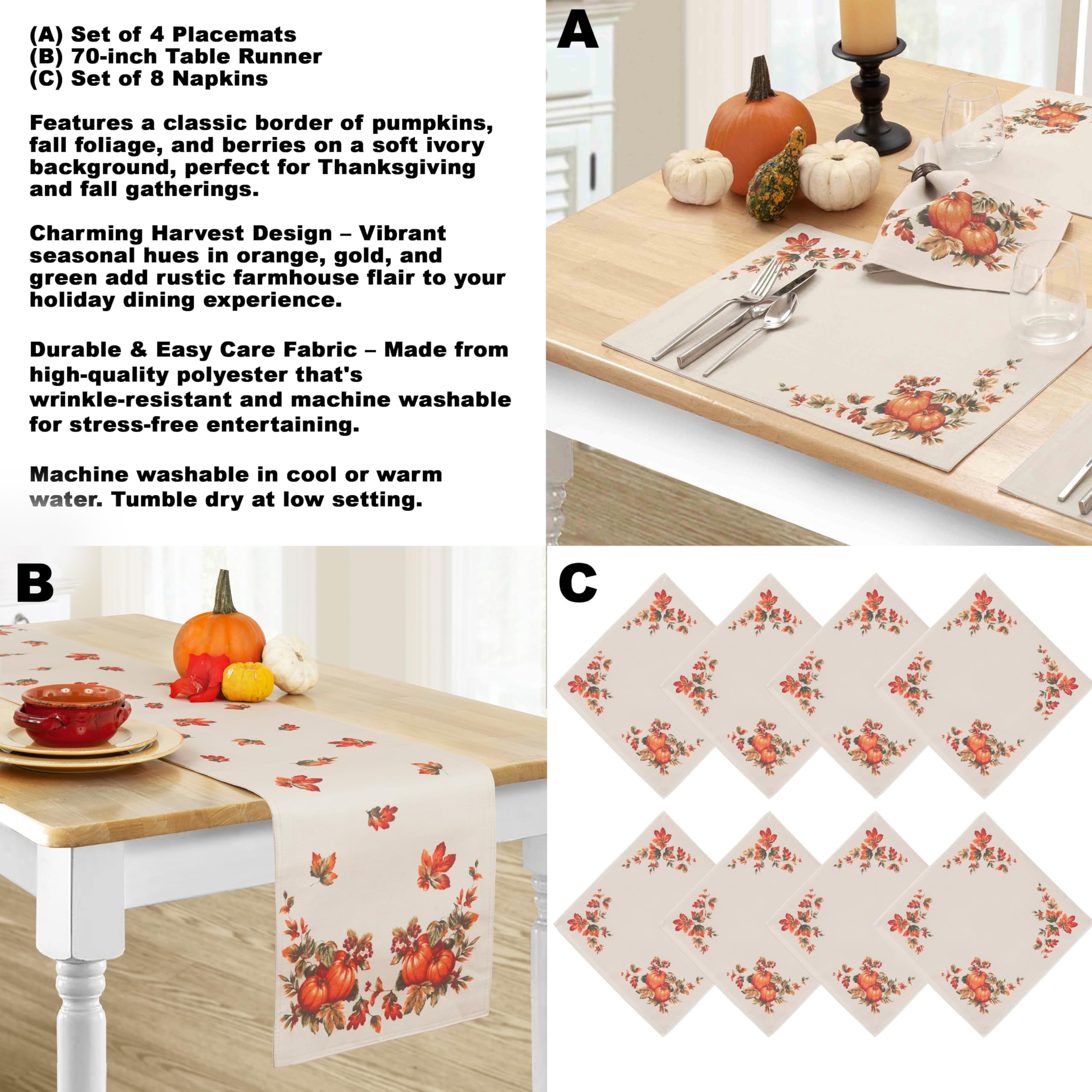 Lintex Thanksgiving Traditions Autumn Harvest Bordered Tablecloth, Fall Leaves and Pumpkin Patch Border Print Easy Care Fabric 52In x 70In Oblong/Rectangle, Oblong/Rectangle - Image 4