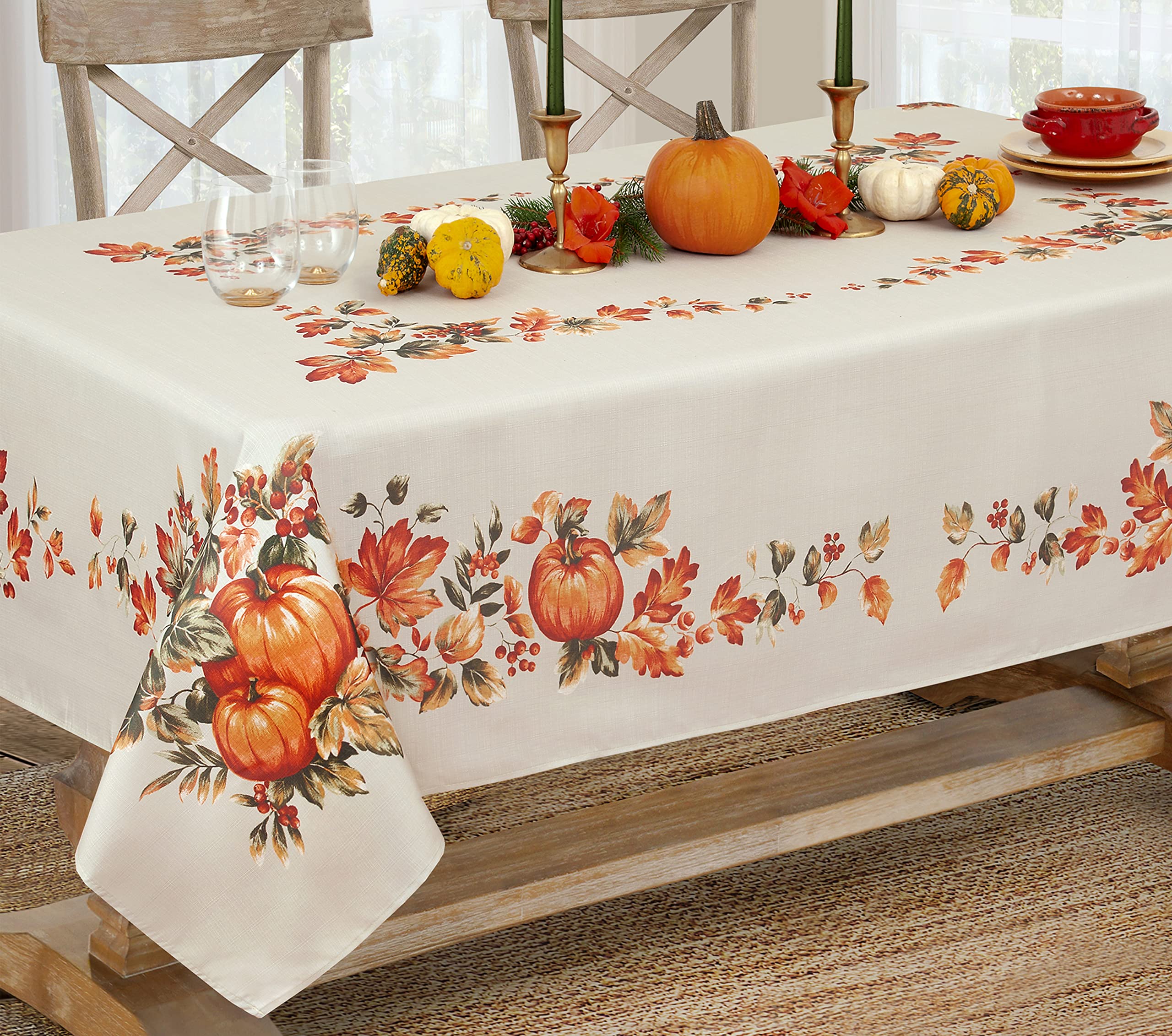 Lintex Thanksgiving Traditions Autumn Harvest Bordered Tablecloth, Fall Leaves and Pumpkin Patch Border Print Easy Care Fabric 52In x 70In Oblong/Rectangle, Oblong/Rectangle - Image 5