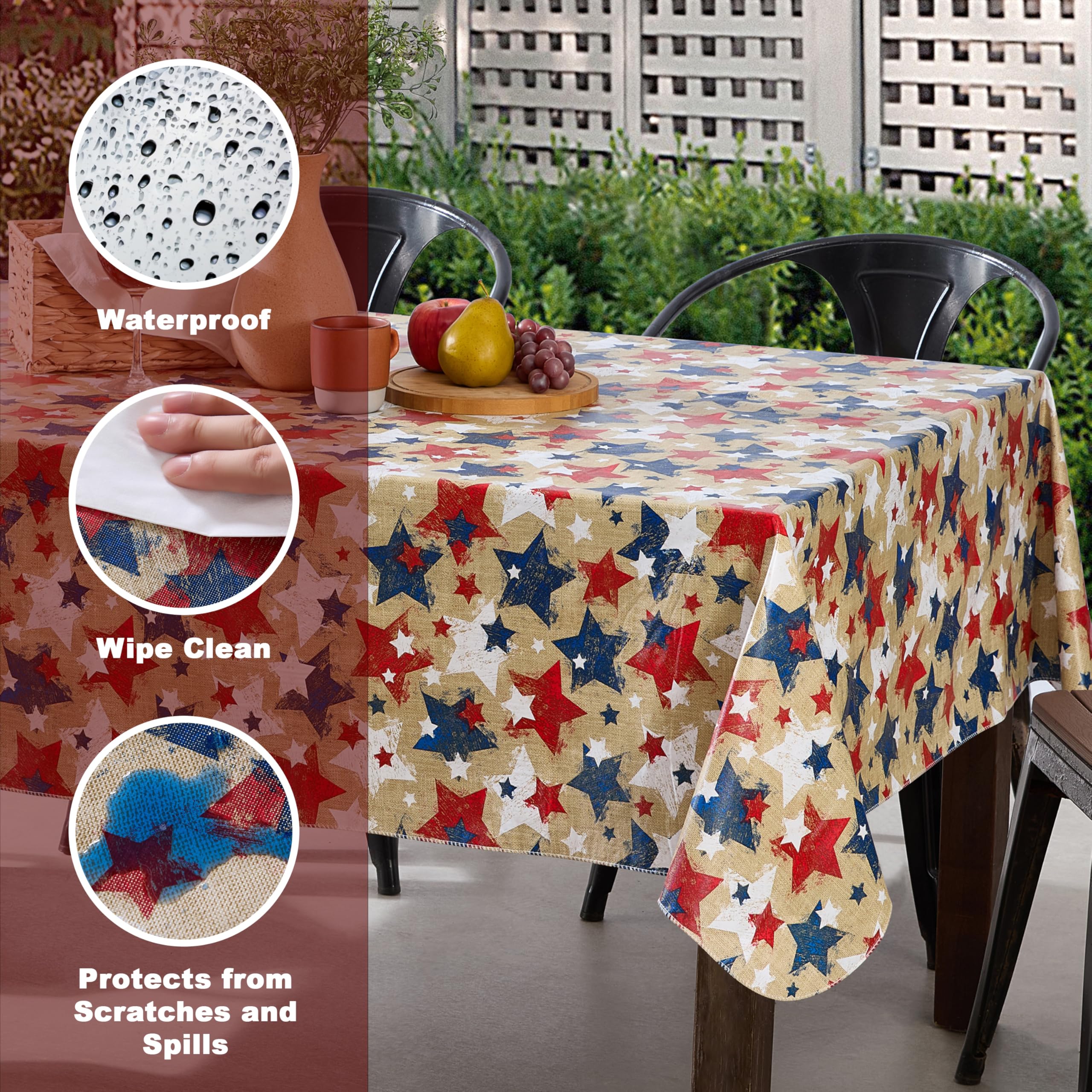 Newbridge 52 x 70 Inch Rectangle Vinyl Flannel Backed Tablecloth, Burlap Patriotic Stars Print, Indoor/Outdoor Vinyl Table Cloth, Red, White and Blue American Stars - Image 3