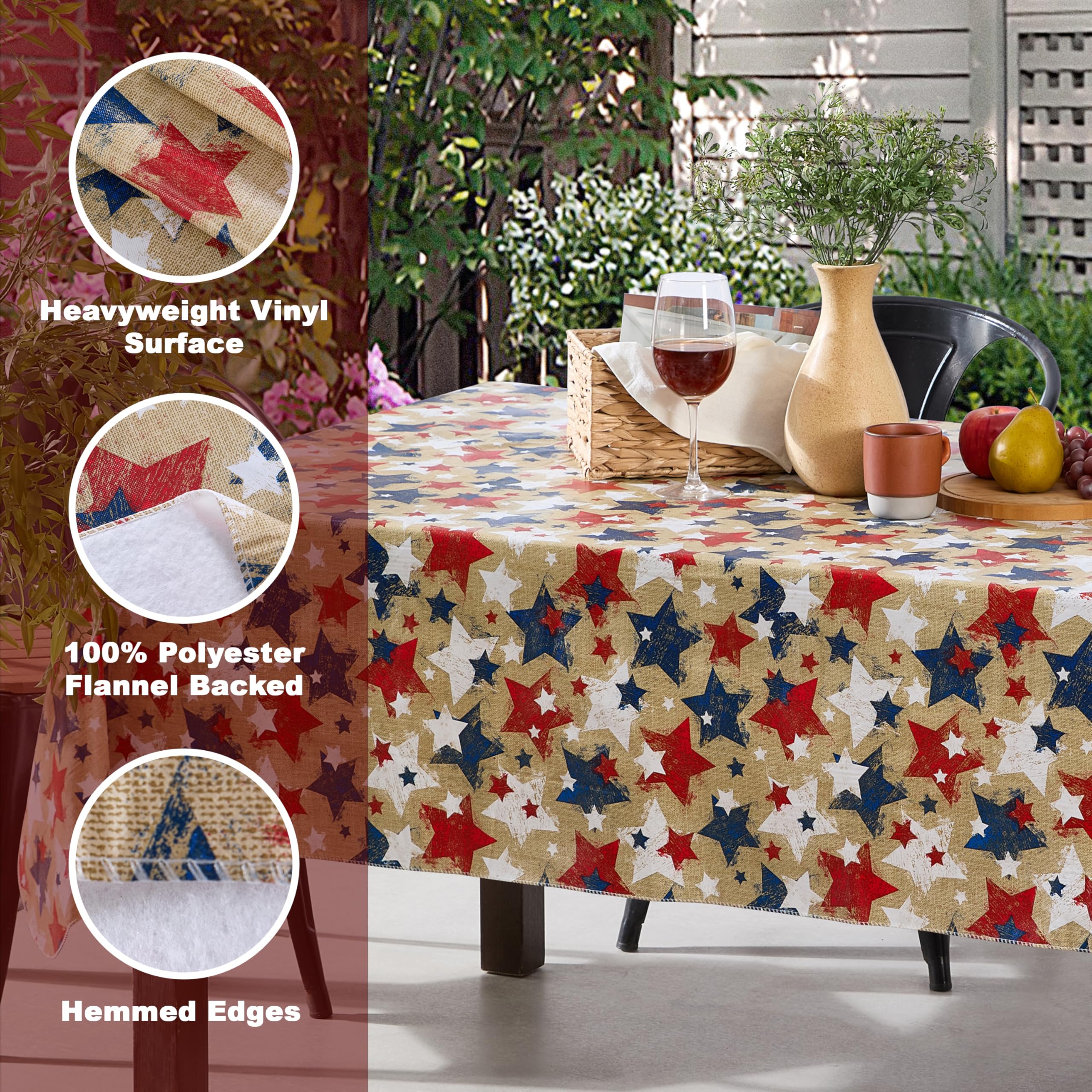 Newbridge 52 x 70 Inch Rectangle Vinyl Flannel Backed Tablecloth, Burlap Patriotic Stars Print, Indoor/Outdoor Vinyl Table Cloth, Red, White and Blue American Stars - Image 4