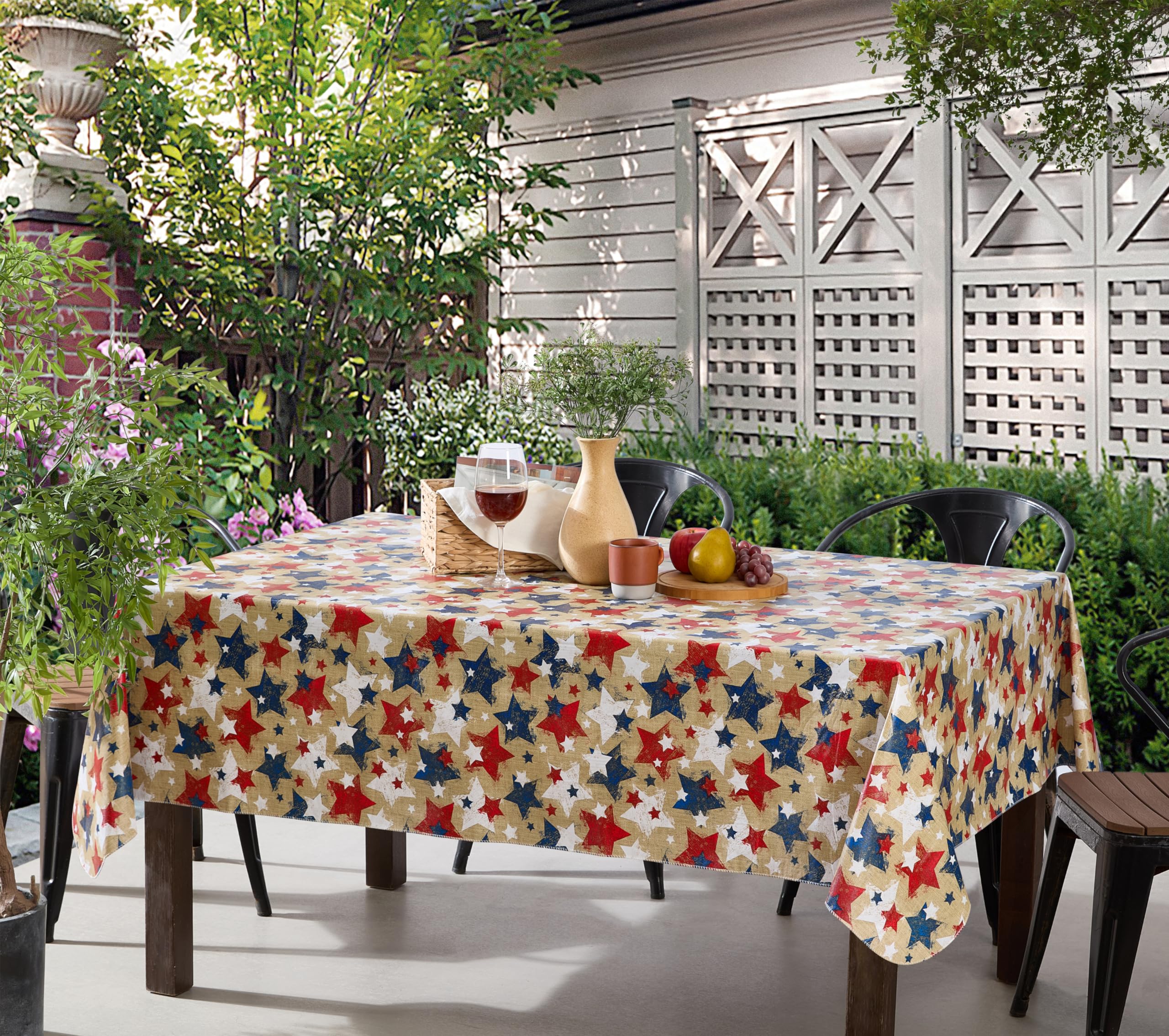 Newbridge 52 x 70 Inch Rectangle Vinyl Flannel Backed Tablecloth, Burlap Patriotic Stars Print, Indoor/Outdoor Vinyl Table Cloth, Red, White and Blue American Stars - Image 5