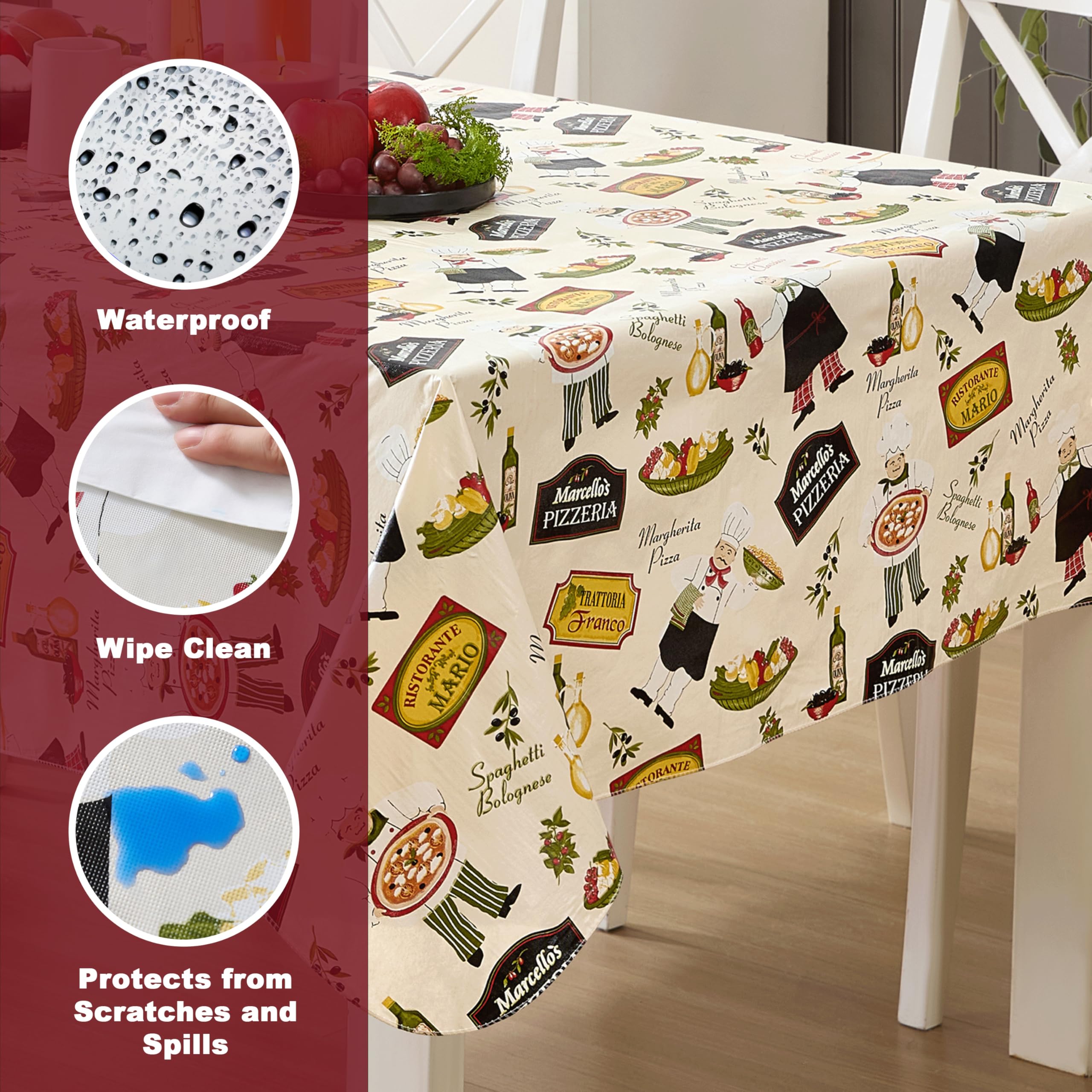 Newbridge 52 x 70 Inch Rectangle Vinyl Tablecloth with Flannel Backing, Italian Bistro Chef, Novelty Chef Indoor Outdoor Waterproof Table Cover for Picnic, Barbecue, Patio and Kitchen Dining, Ivory - Image 3