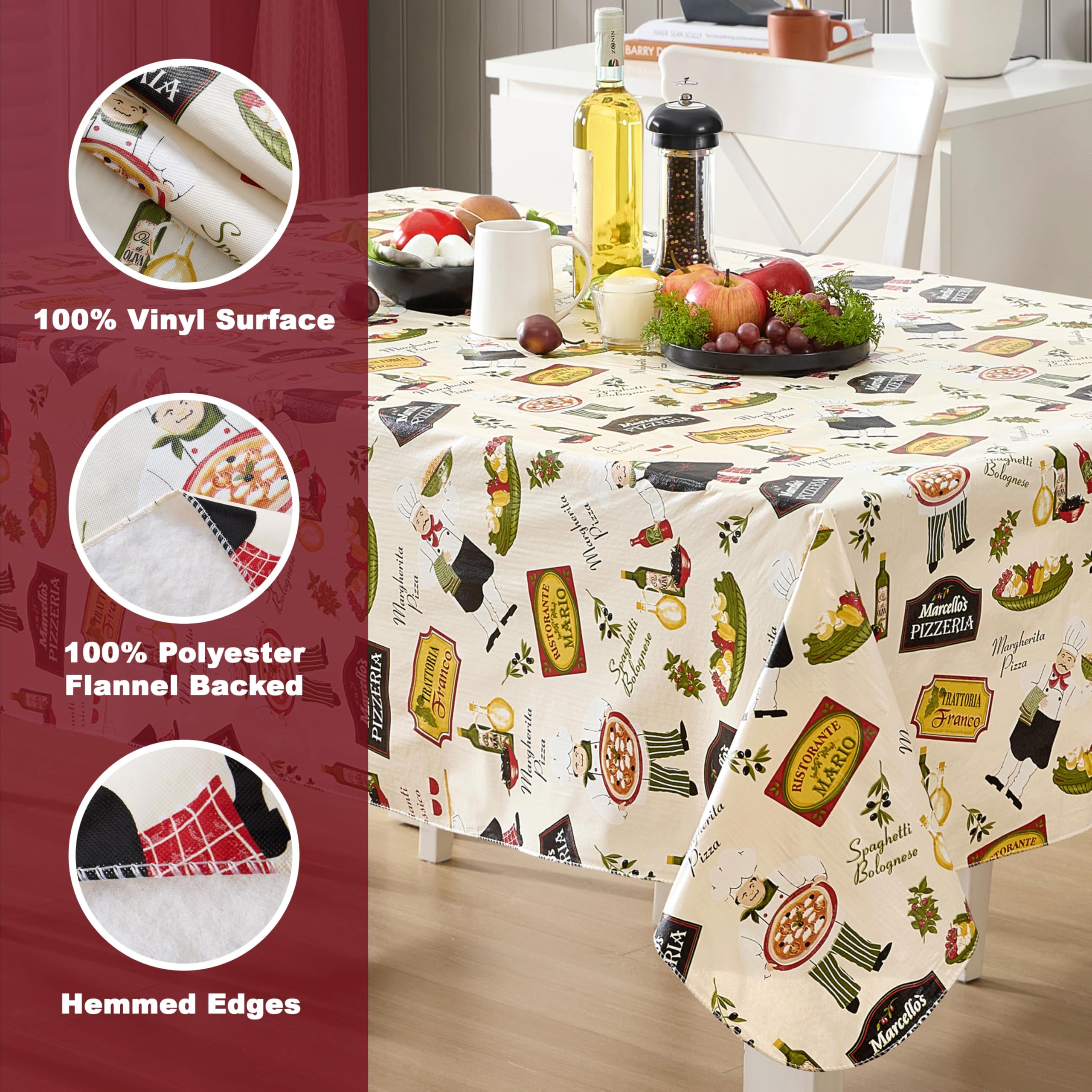 Newbridge 52 x 70 Inch Rectangle Vinyl Tablecloth with Flannel Backing, Italian Bistro Chef, Novelty Chef Indoor Outdoor Waterproof Table Cover for Picnic, Barbecue, Patio and Kitchen Dining, Ivory - Image 4