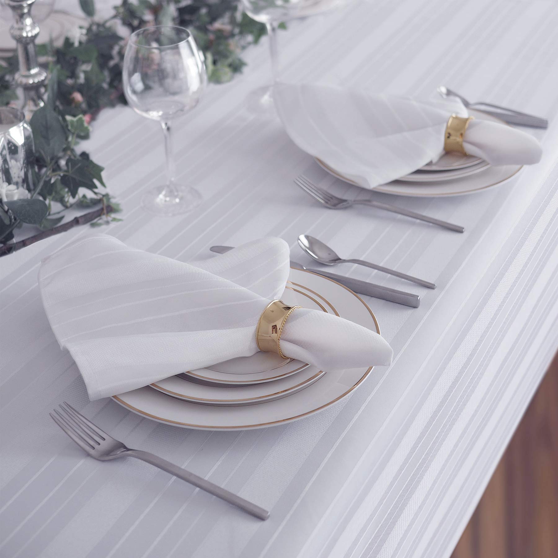 Newbridge 52 x 70 Inch Rectangle White Fabric Tablecloth, Denley Satin Stripe, Heavy Weight No Iron Polyester Holiday Dining & Party Table Cover - Image 4