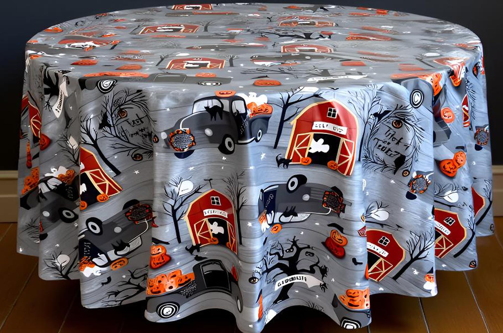 Newbridge 70 Inch Round Haunted Halloween Rustic Ghost Farm Vinyl Tablecloth with Flannel Backing, Haunted Barn and Pumpkin Truck Halloween Design, Easy Care Wipe Clean Table Cover - Image 3