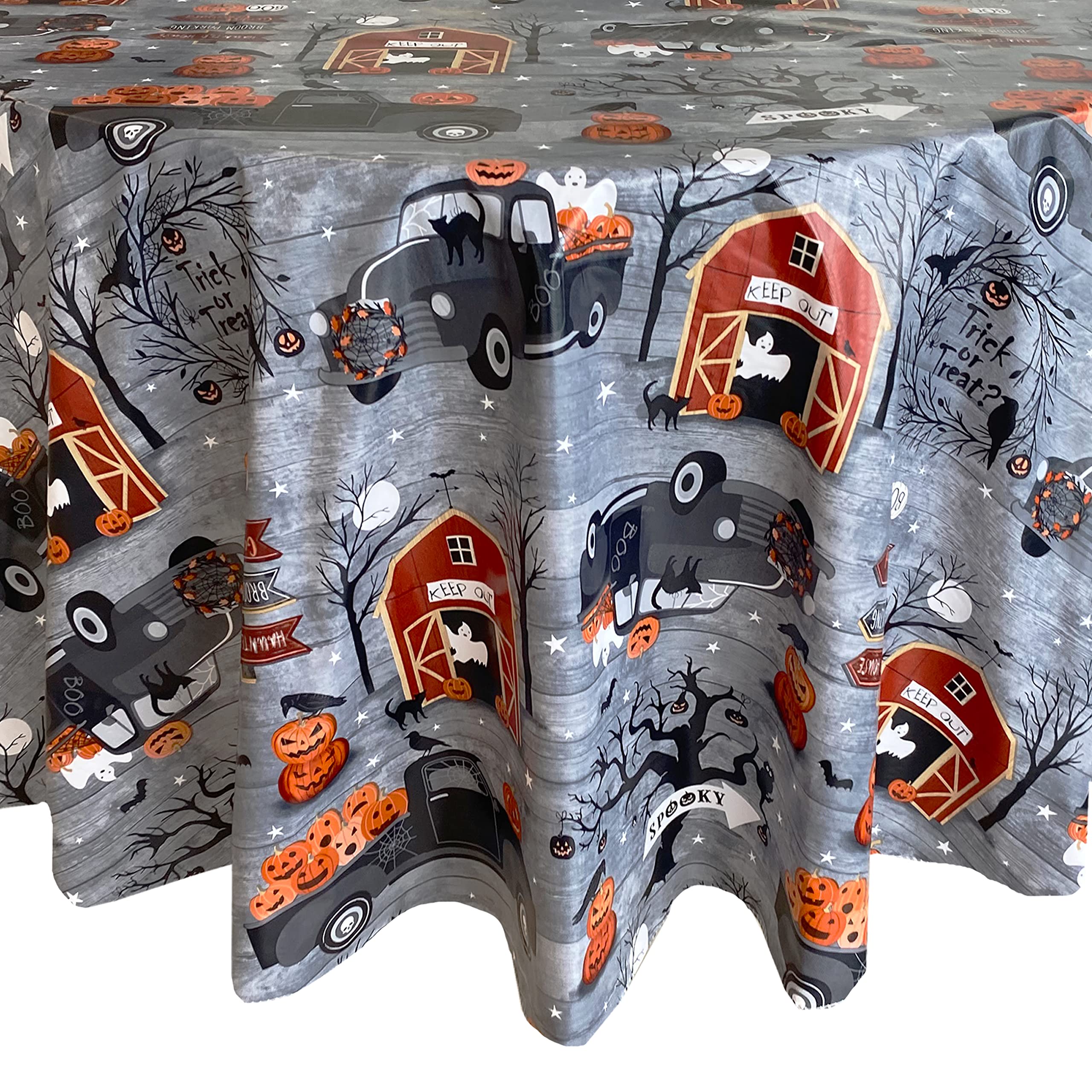 Newbridge 70 Inch Round Haunted Halloween Rustic Ghost Farm Vinyl Tablecloth with Flannel Backing, Haunted Barn and Pumpkin Truck Halloween Design, Easy Care Wipe Clean Table Cover - Image 4