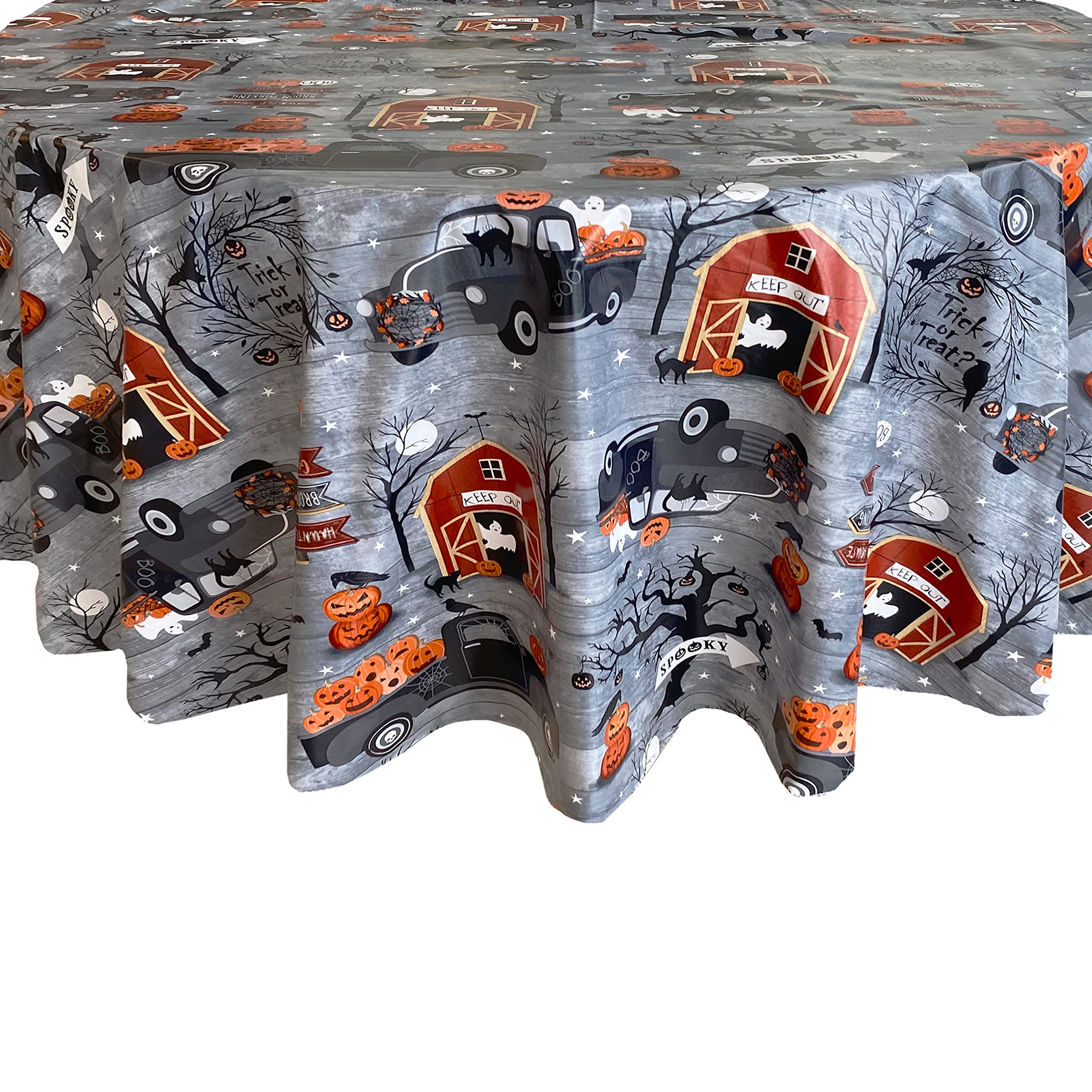Newbridge 70 Inch Round Haunted Halloween Rustic Ghost Farm Vinyl Tablecloth with Flannel Backing, Haunted Barn and Pumpkin Truck Halloween Design, Easy Care Wipe Clean Table Cover - Image 5