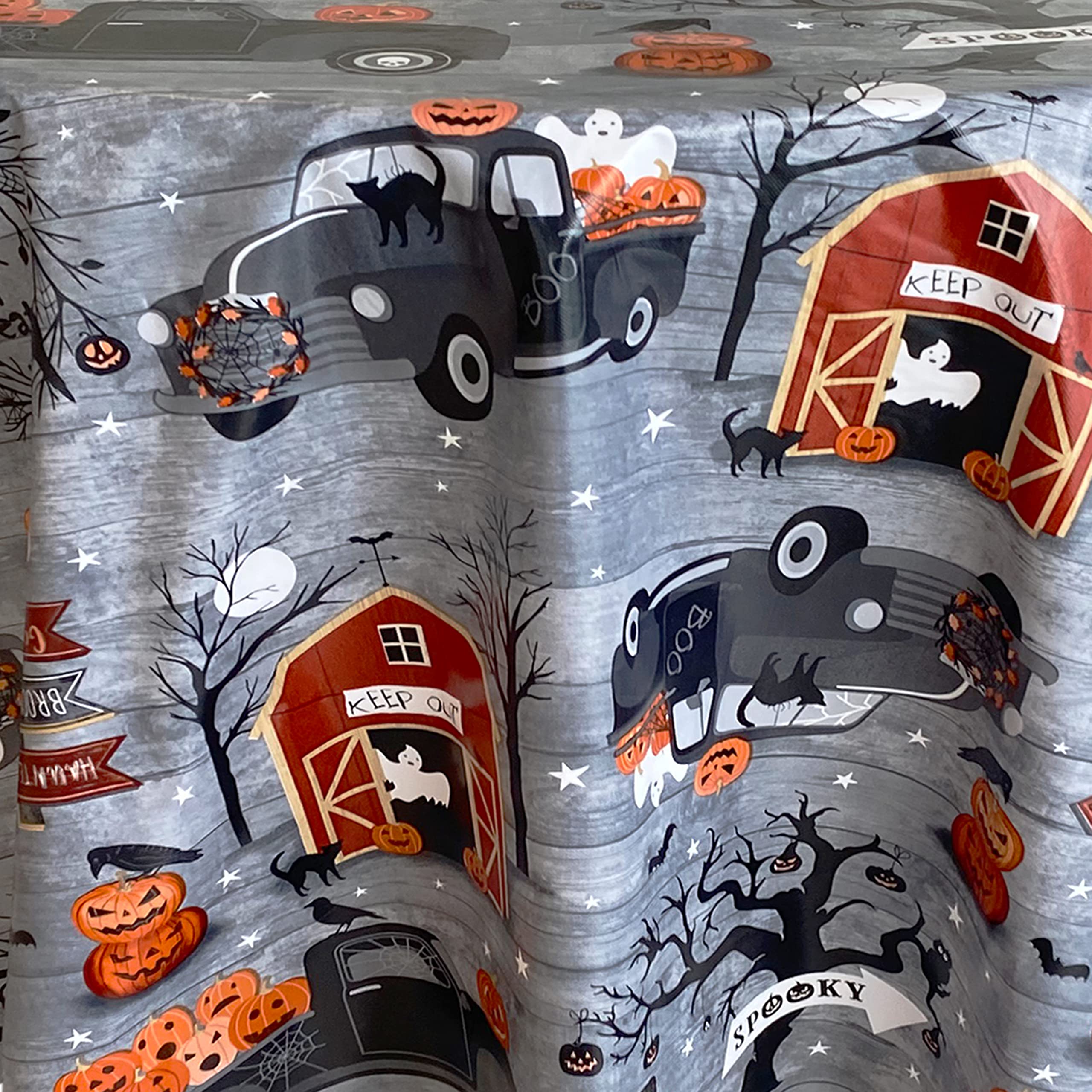 Newbridge 70 Inch Round Haunted Halloween Rustic Ghost Farm Vinyl Tablecloth with Flannel Backing, Haunted Barn and Pumpkin Truck Halloween Design, Easy Care Wipe Clean Table Cover - Image 6