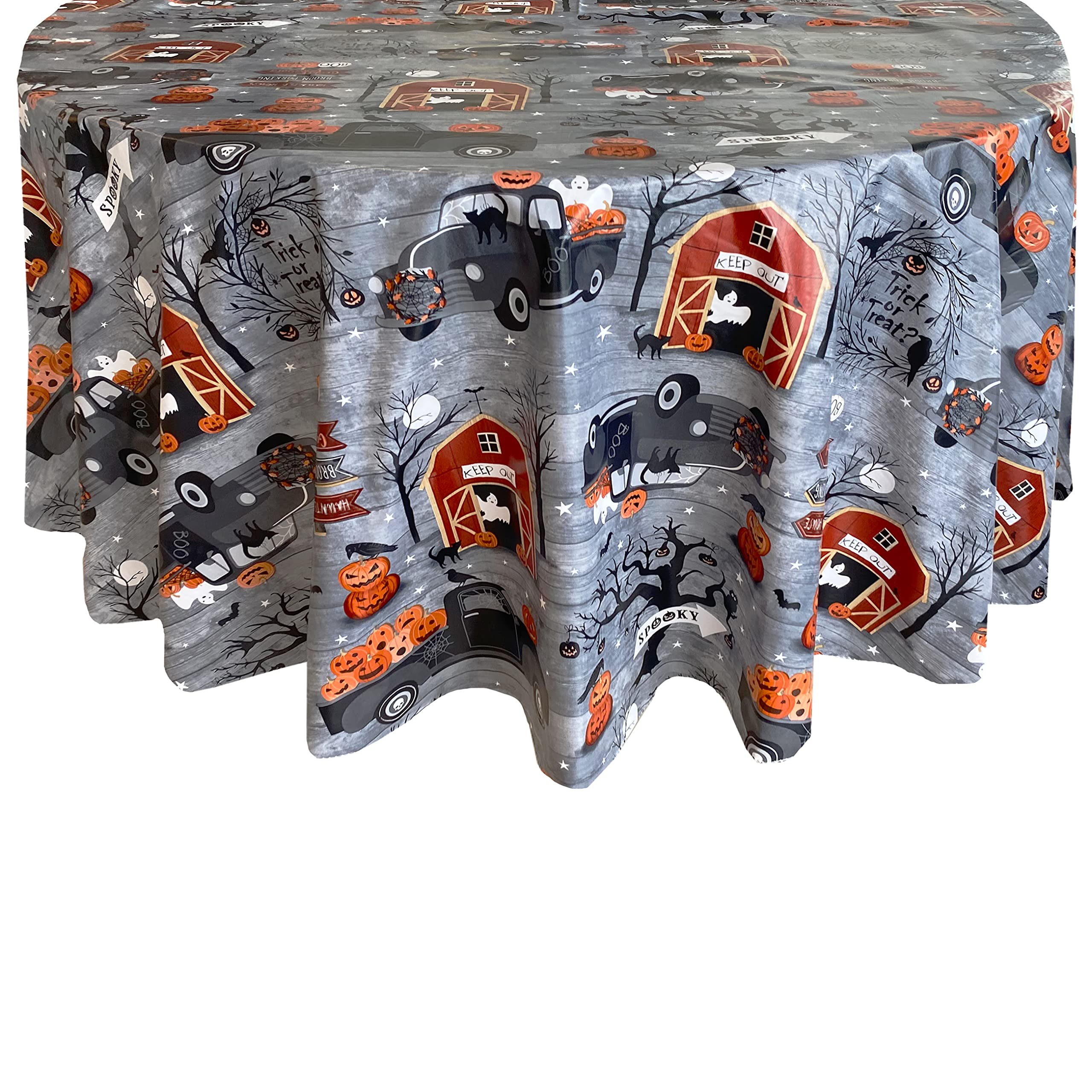 Newbridge 70 Inch Round Haunted Halloween Rustic Ghost Farm Vinyl Tablecloth with Flannel Backing, Haunted Barn and Pumpkin Truck Halloween Design, Easy Care Wipe Clean Table Cover - Image 8