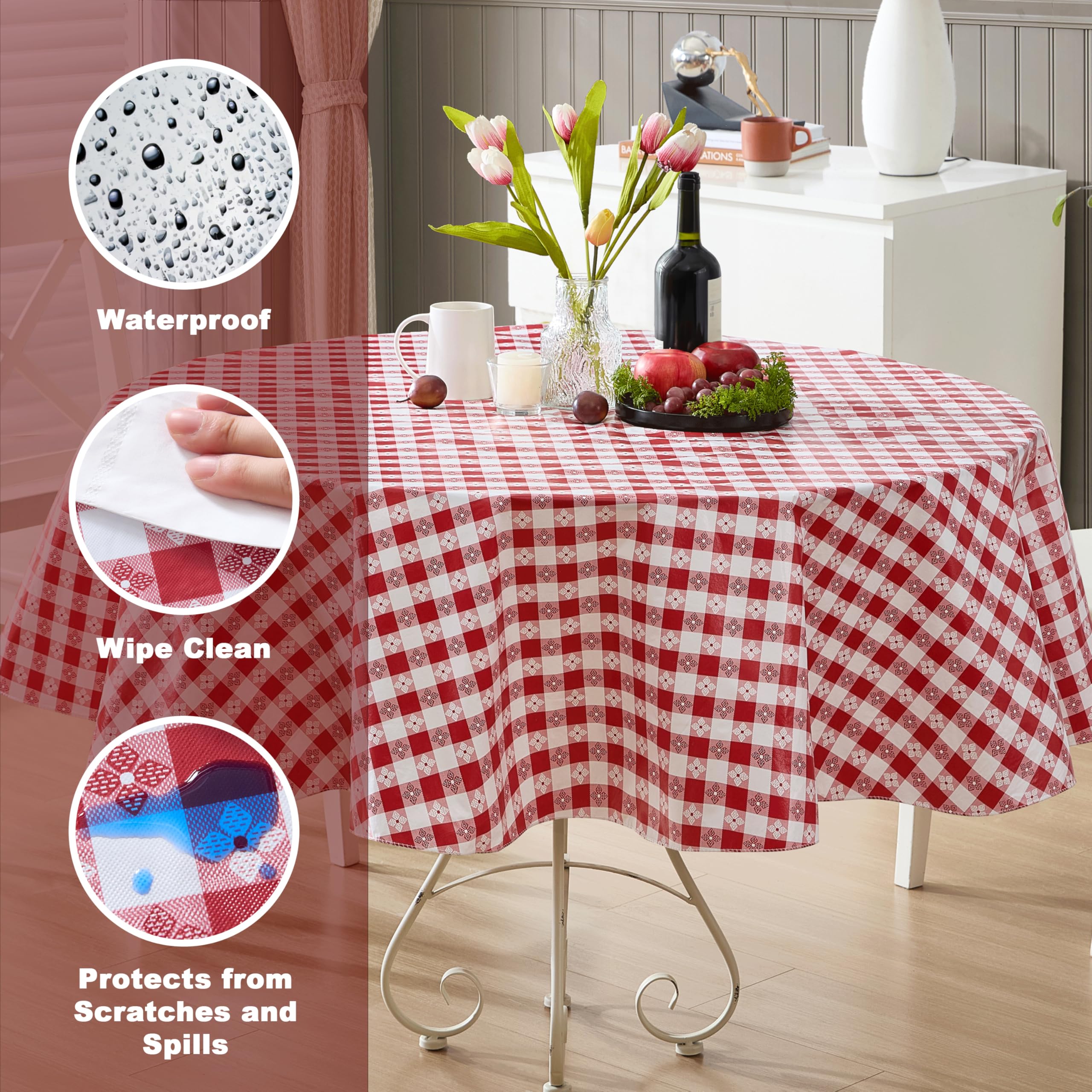 Newbridge 70 Inch Round Vinyl Tablecloth with Flannel Backing, Bistro Tavern Check, Café Checkered Indoor Outdoor Vinyl Table Cover for Picnic, Barbecue and Patio Dining, Red - Image 3