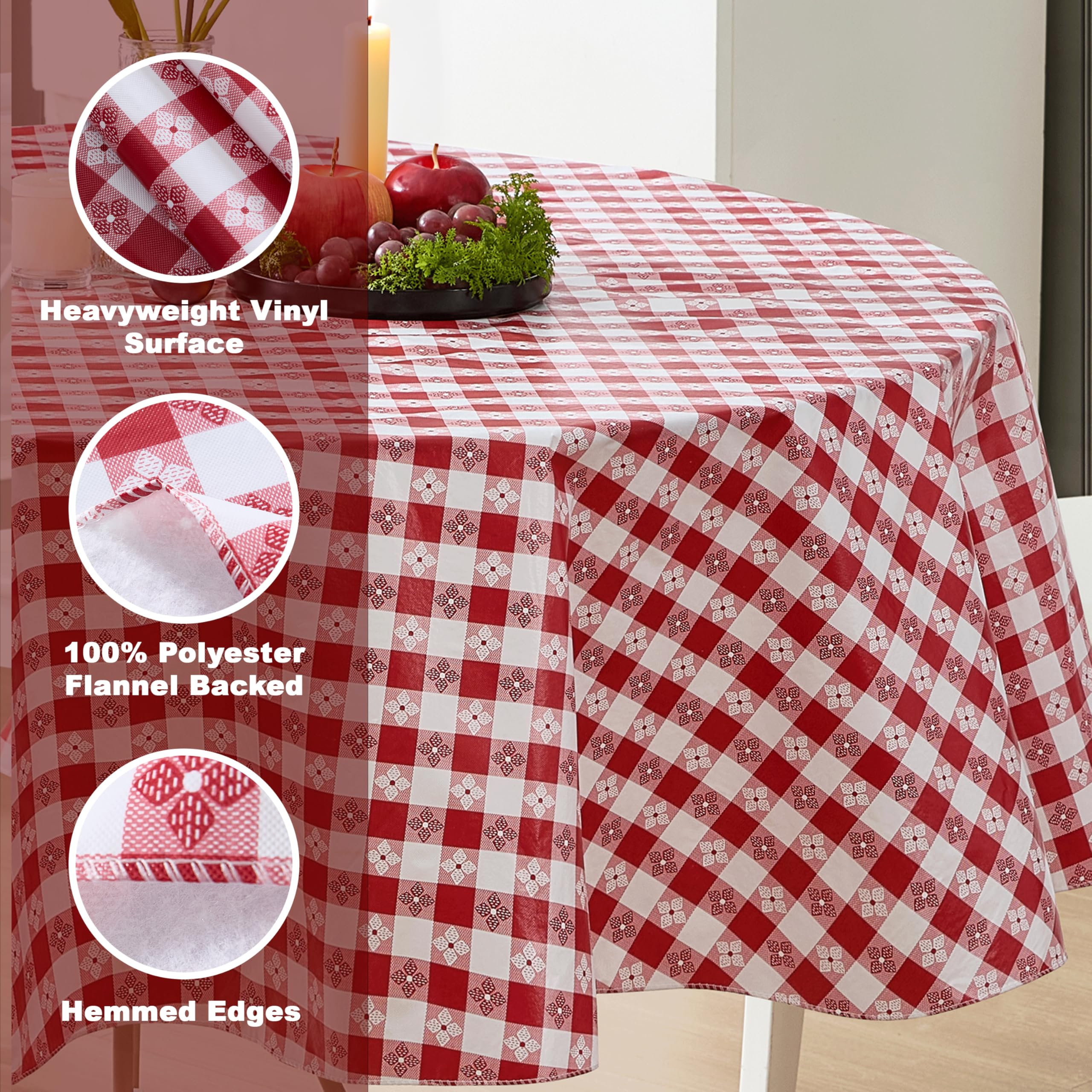 Newbridge 70 Inch Round Vinyl Tablecloth with Flannel Backing, Bistro Tavern Check, Café Checkered Indoor Outdoor Vinyl Table Cover for Picnic, Barbecue and Patio Dining, Red - Image 4
