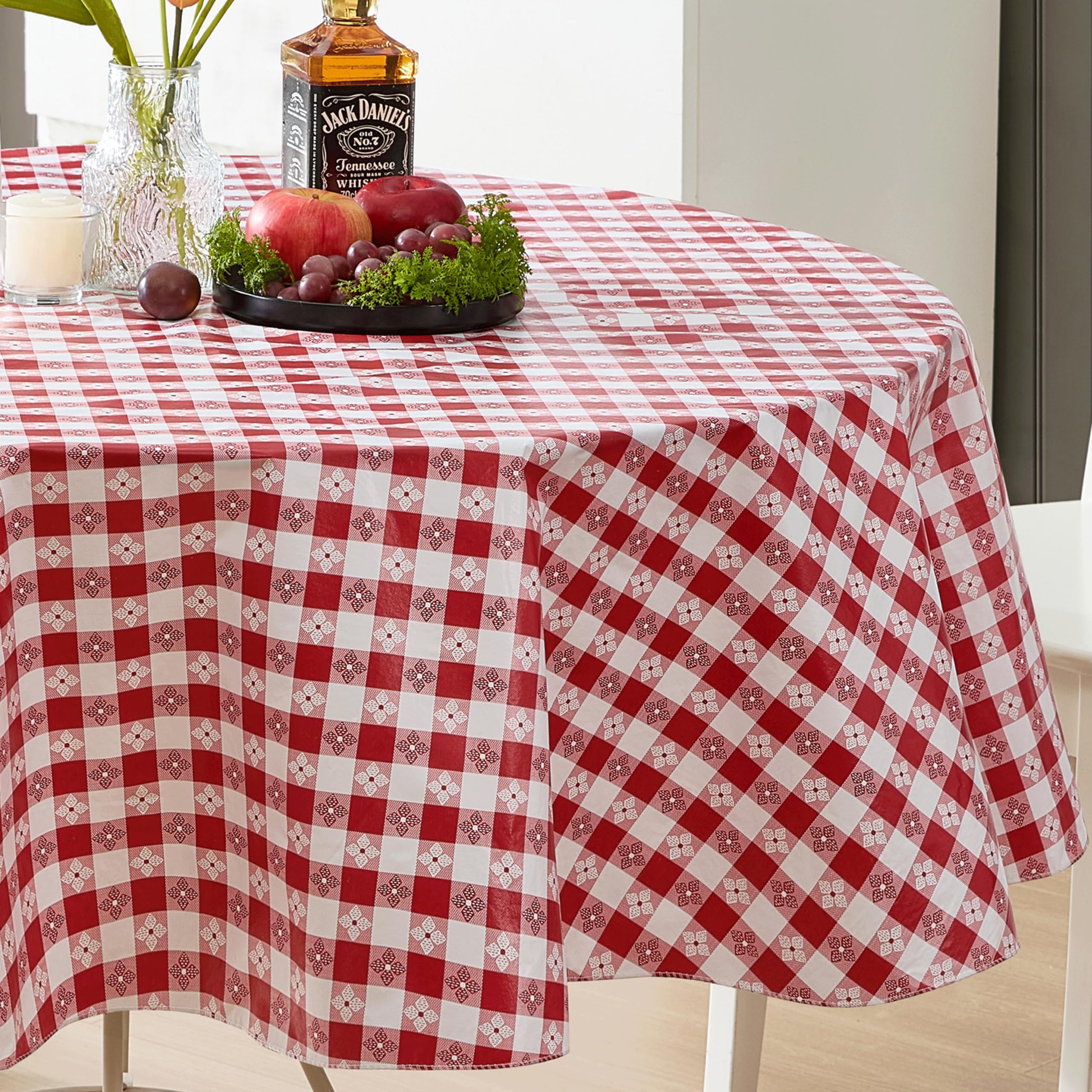 Newbridge 70 Inch Round Vinyl Tablecloth with Flannel Backing, Bistro Tavern Check, Café Checkered Indoor Outdoor Vinyl Table Cover for Picnic, Barbecue and Patio Dining, Red - Image 5