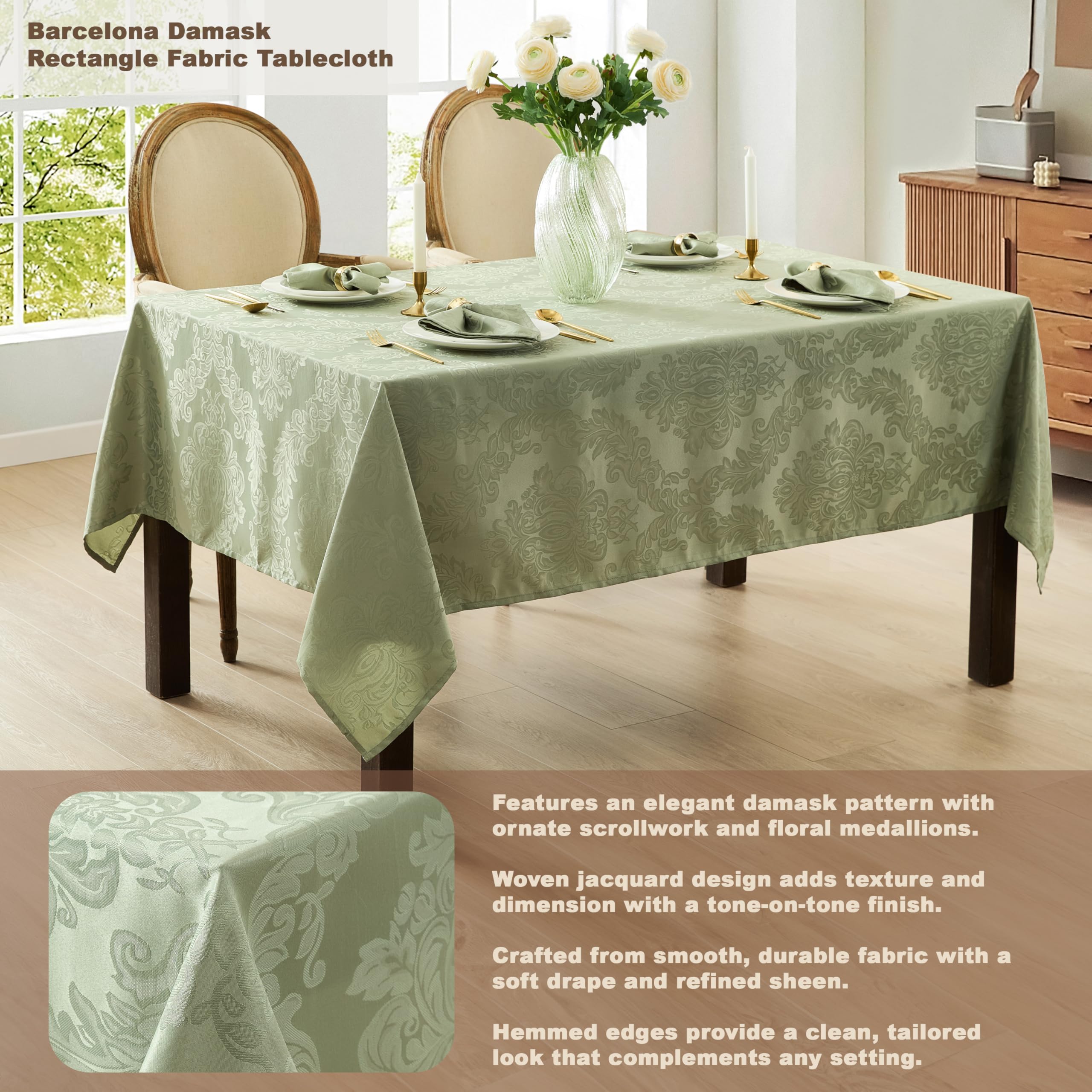 Newbridge Barcelona Damask Fabric Tablecloth, 52 x 70 Inch Rectangle, Sage Green – No Iron, Soil Resistant Table Cover for Dining, Parties and Holidays - Image 3