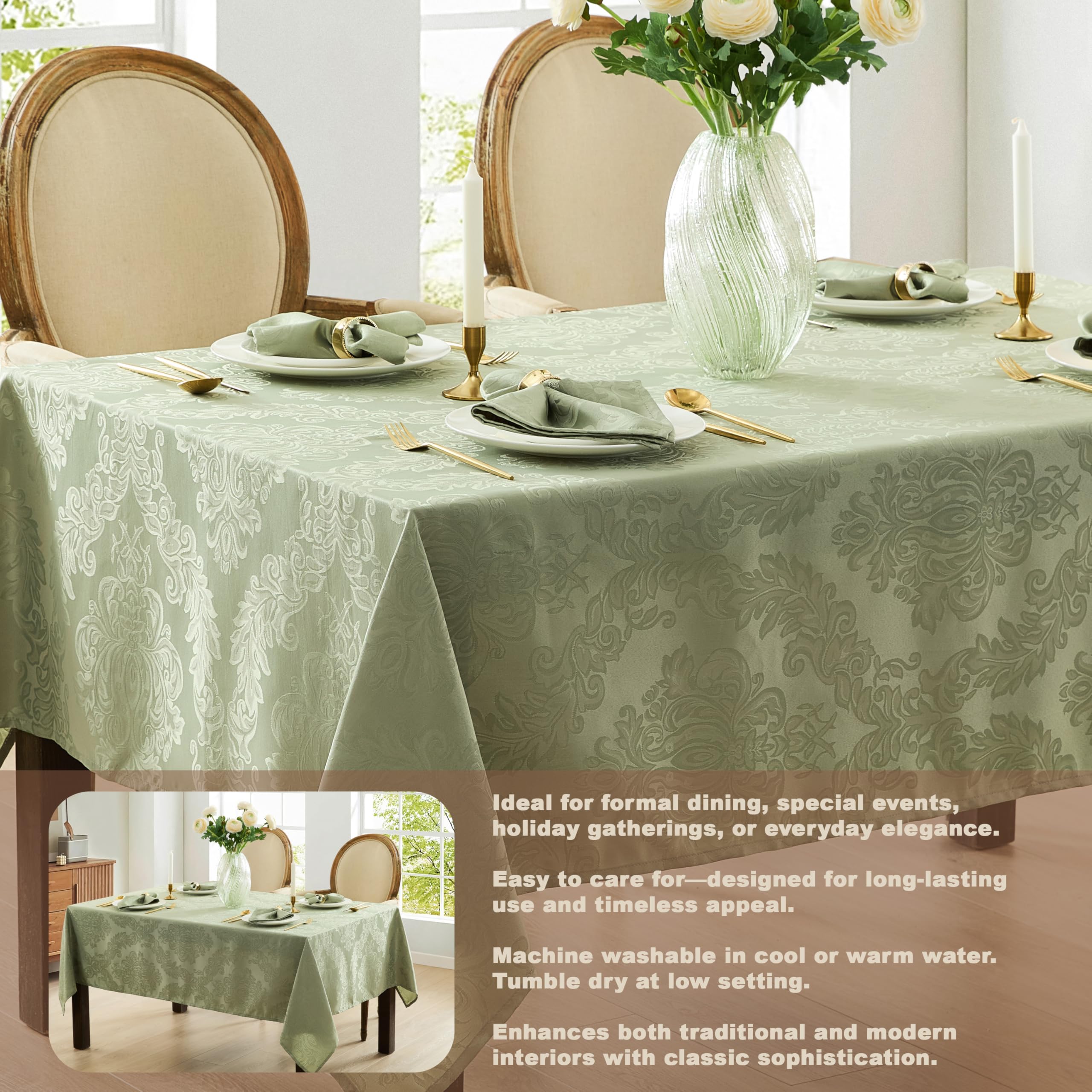 Newbridge Barcelona Damask Fabric Tablecloth, 52 x 70 Inch Rectangle, Sage Green – No Iron, Soil Resistant Table Cover for Dining, Parties and Holidays - Image 4