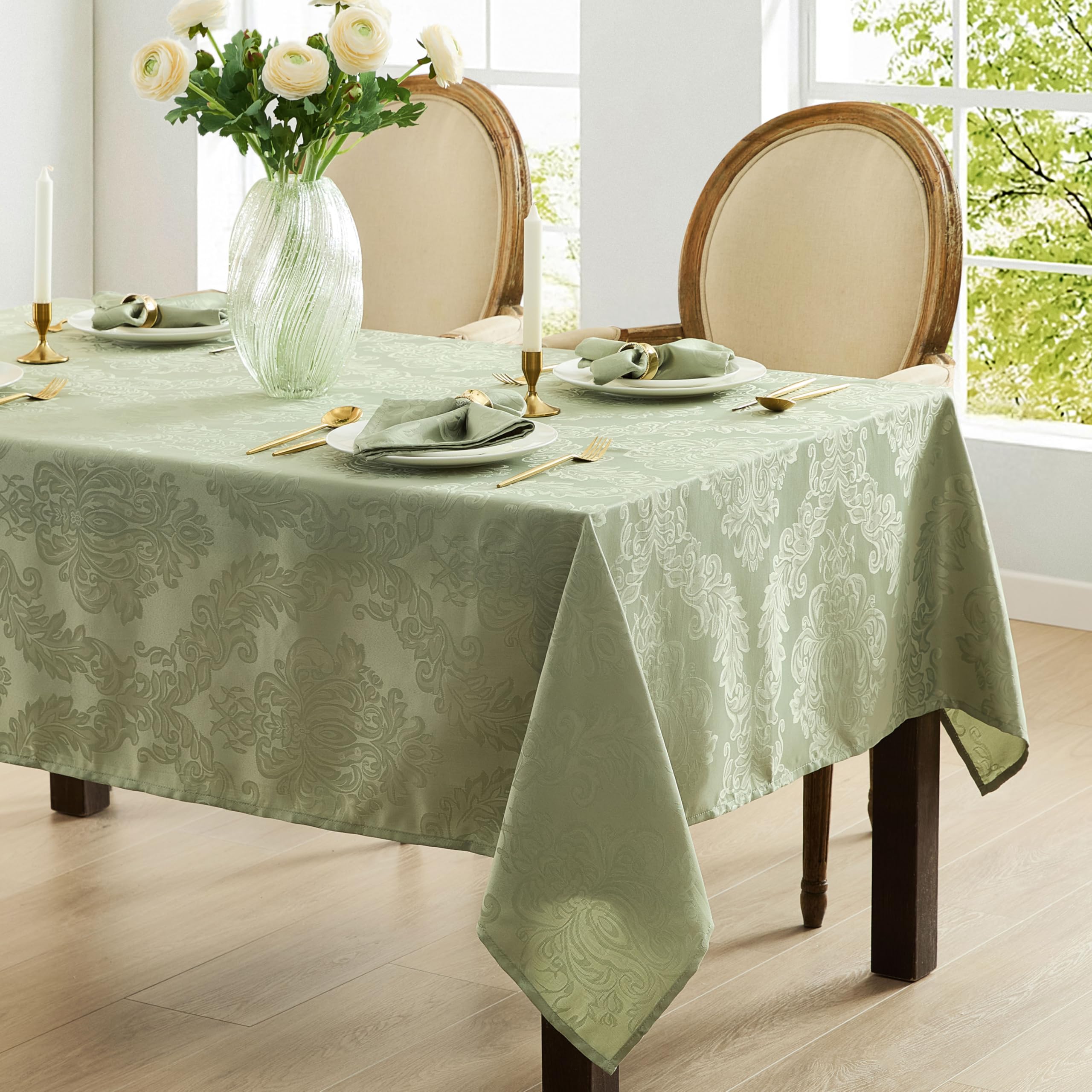 Newbridge Barcelona Damask Fabric Tablecloth, 52 x 70 Inch Rectangle, Sage Green – No Iron, Soil Resistant Table Cover for Dining, Parties and Holidays - Image 6