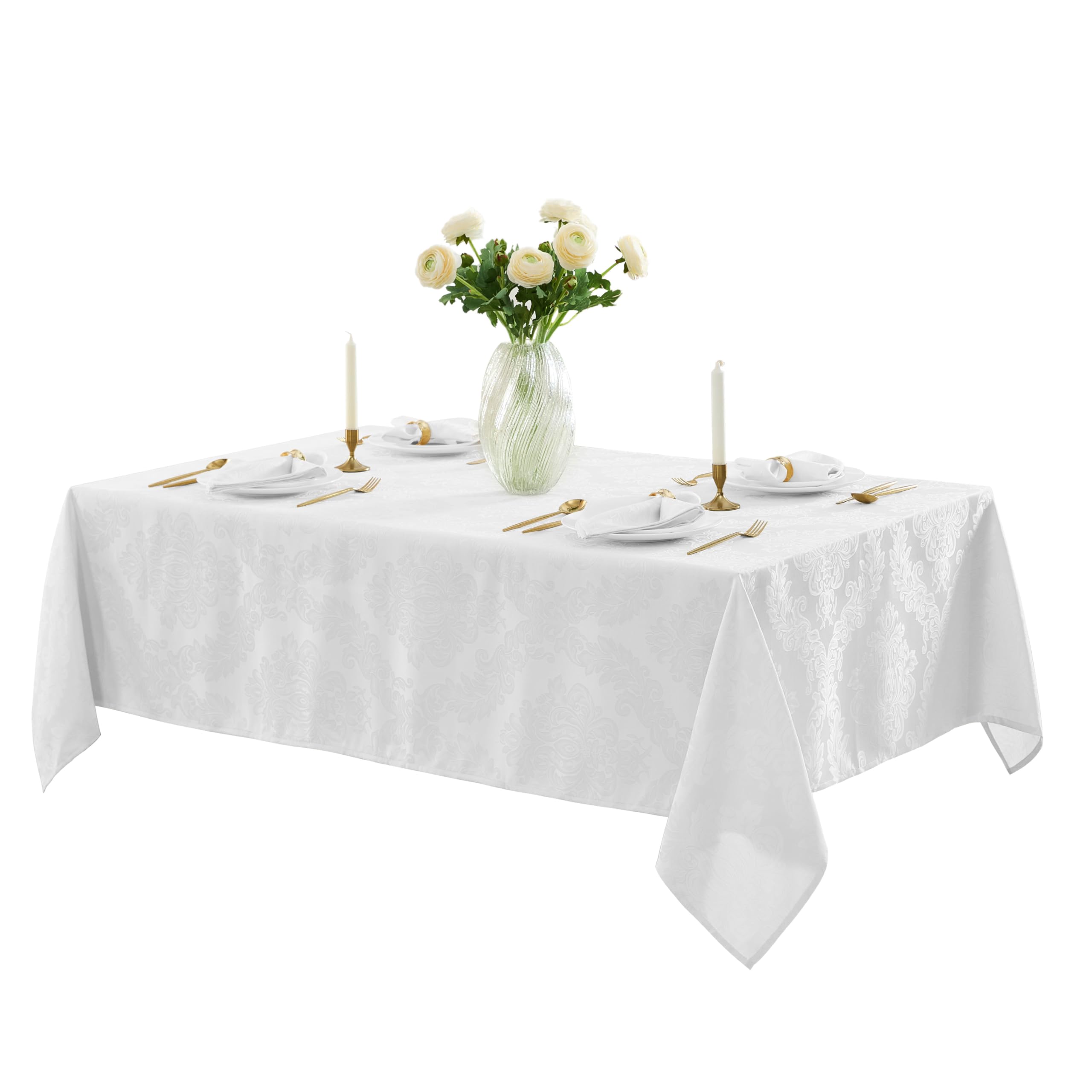 Newbridge Barcelona Luxury Damask Fabric Tablecloth, 52” Wide x 70” Rectangle, White, 100% Polyester, No Iron, Soil Resistant Dining Room, Party and Banquet Table Cover - Image 4
