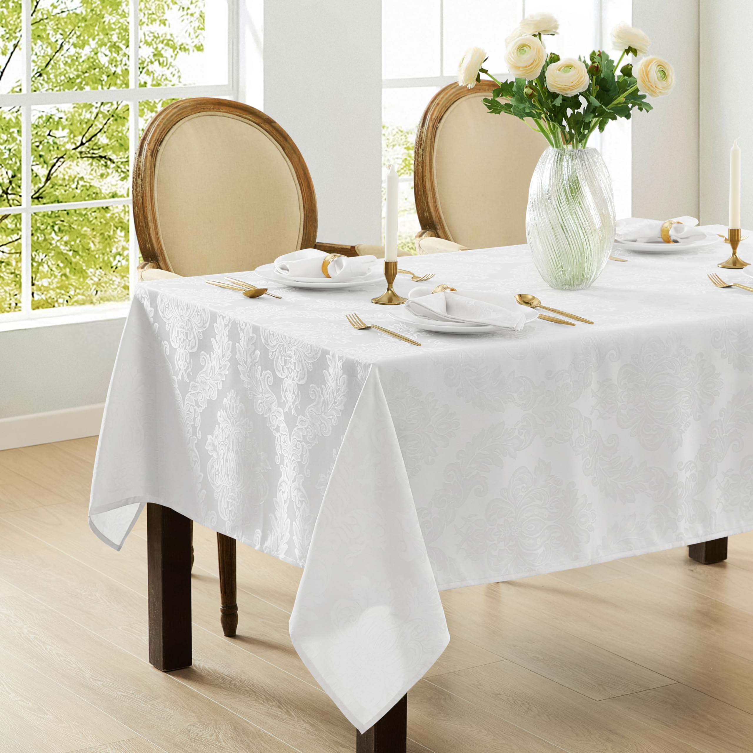 Newbridge Barcelona Luxury Damask Fabric Tablecloth, 52” Wide x 70” Rectangle, White, 100% Polyester, No Iron, Soil Resistant Dining Room, Party and Banquet Table Cover - Image 5