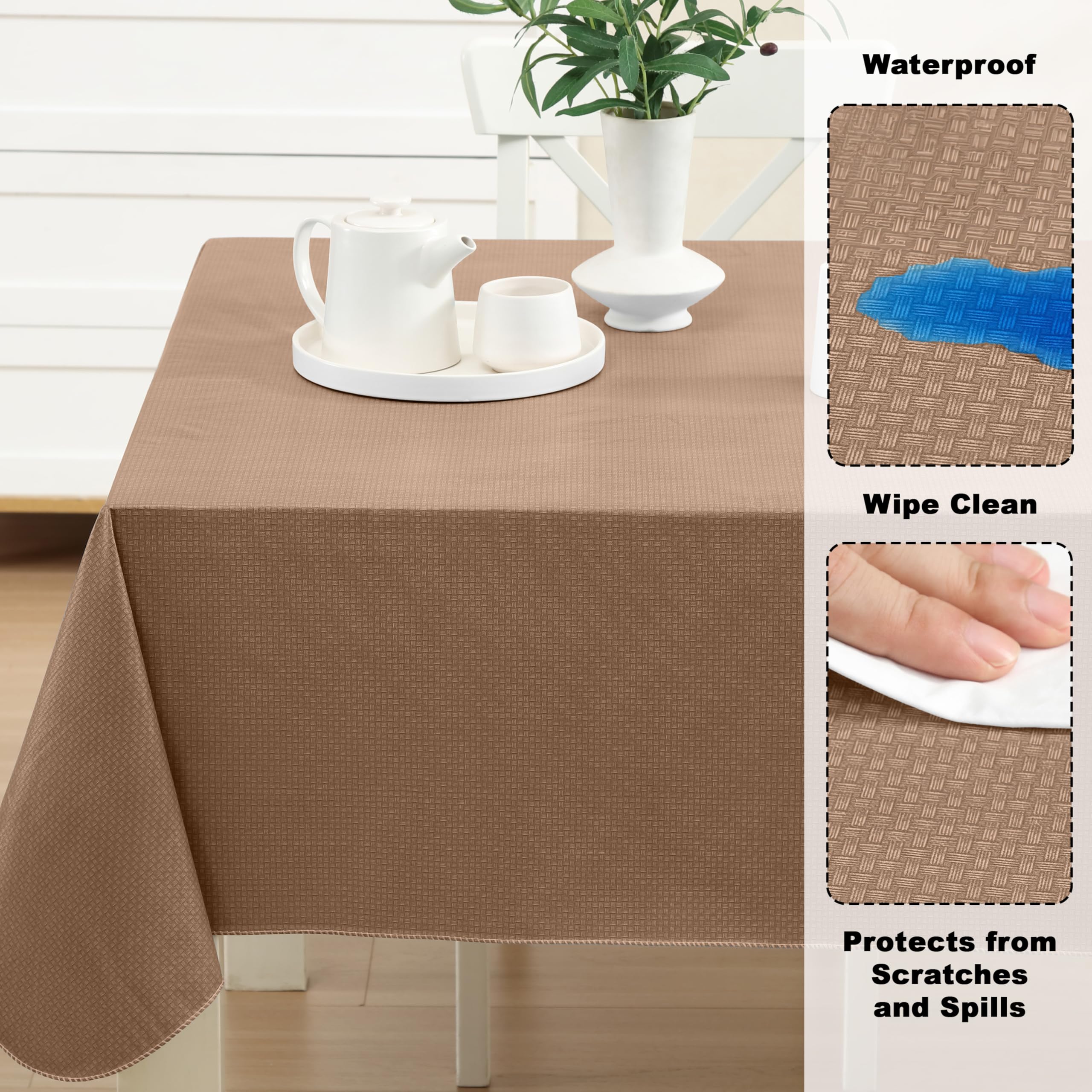 Newbridge Basketweave Vinyl Flannel Backed Tablecloth, 52 x 52 Inch Square, Taupe, Basket Weave Textured Indoor Outdoor Waterproof Table Cover for Patio, Kitchen, Dining - Image 3
