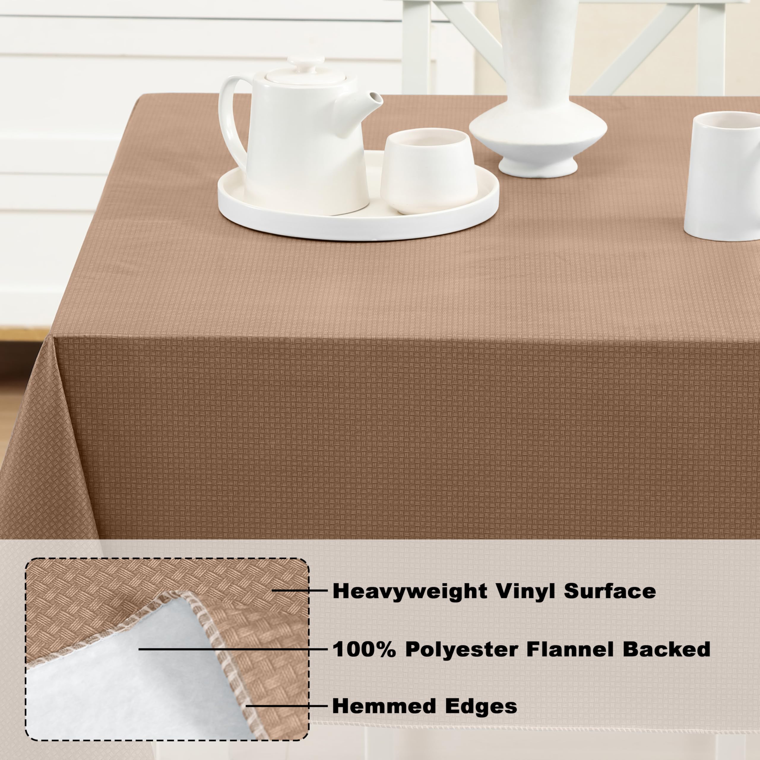 Newbridge Basketweave Vinyl Flannel Backed Tablecloth, 52 x 52 Inch Square, Taupe, Basket Weave Textured Indoor Outdoor Waterproof Table Cover for Patio, Kitchen, Dining - Image 4