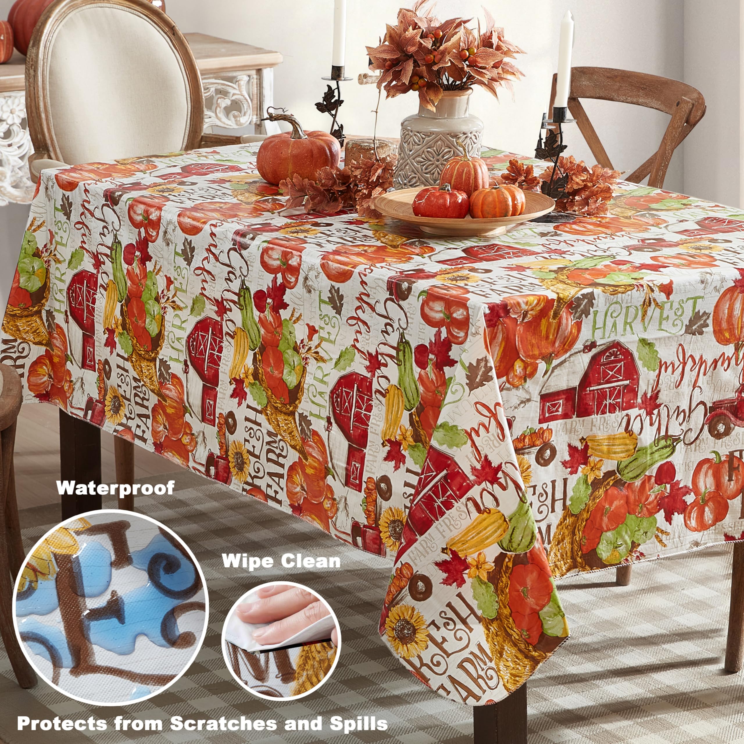 Newbridge Blessed Harvest Thanksgiving Vinyl Tablecloth with Flannel Backing Rustic Fall Farm Pumpkin Print, Easy Care Wipe Clean, 52 x 52 Inch Square - Image 3