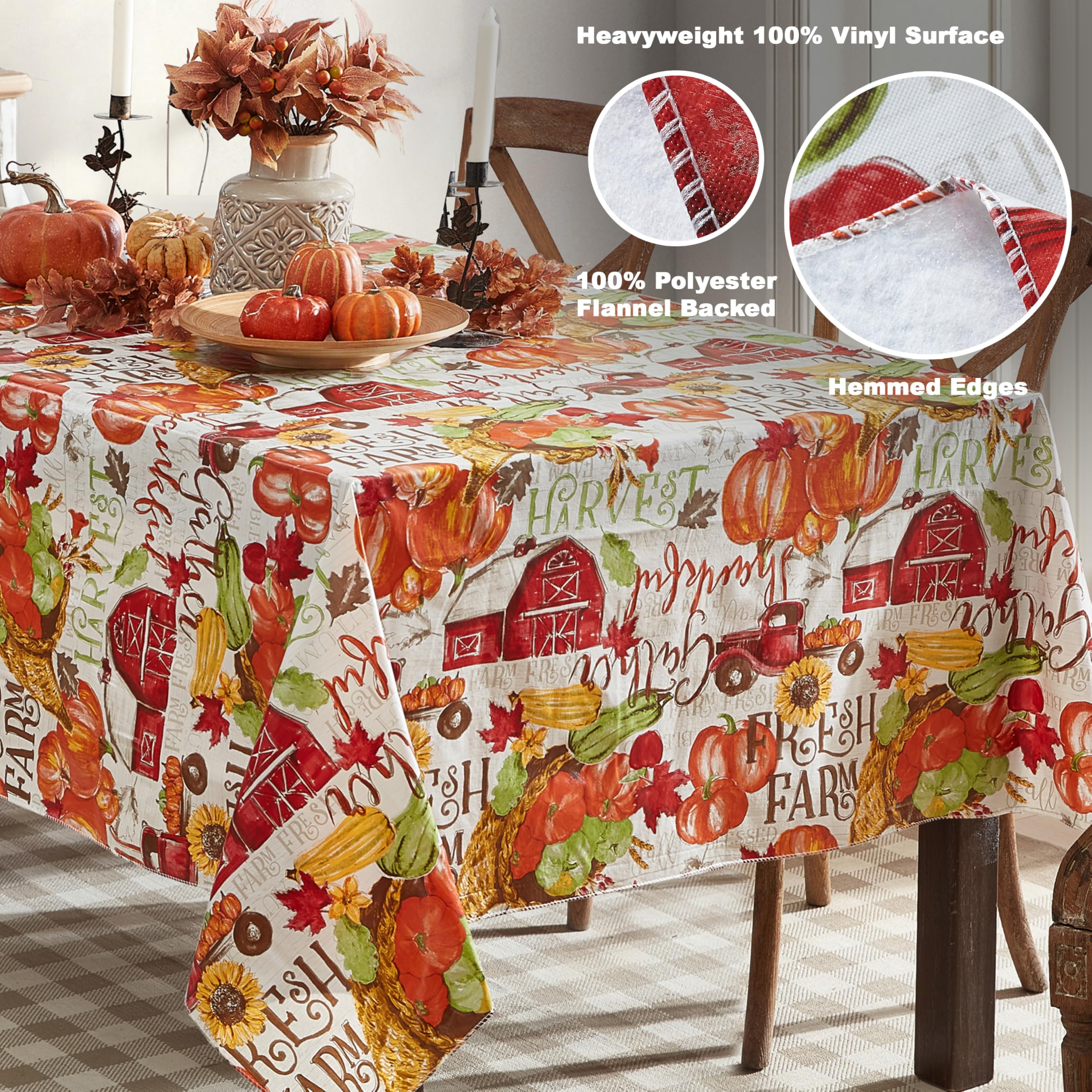 Newbridge Blessed Harvest Thanksgiving Vinyl Tablecloth with Flannel Backing Rustic Fall Farm Pumpkin Print, Easy Care Wipe Clean, 52 x 52 Inch Square - Image 4