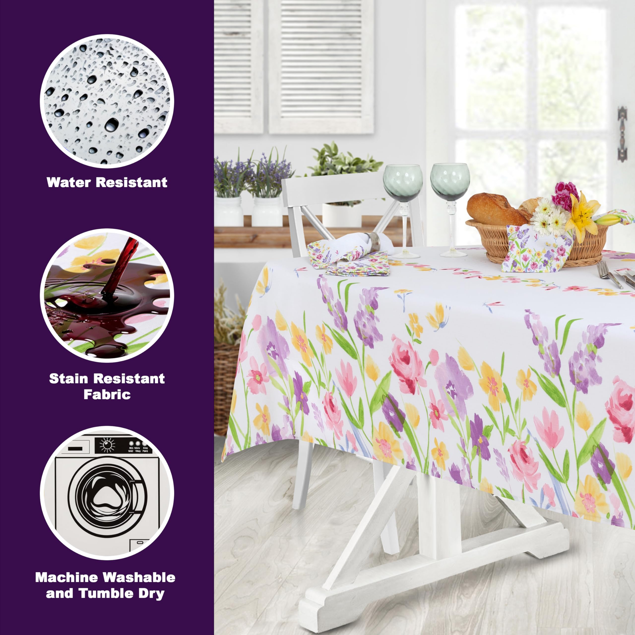Newbridge Blooming Petals 52 x 70 Inch Rectangle Fabric Tablecloth, Easy Care and Stain Resistant Bordered Table Cover, Pink Green and Blue Spring Floral Blooms - Image 3