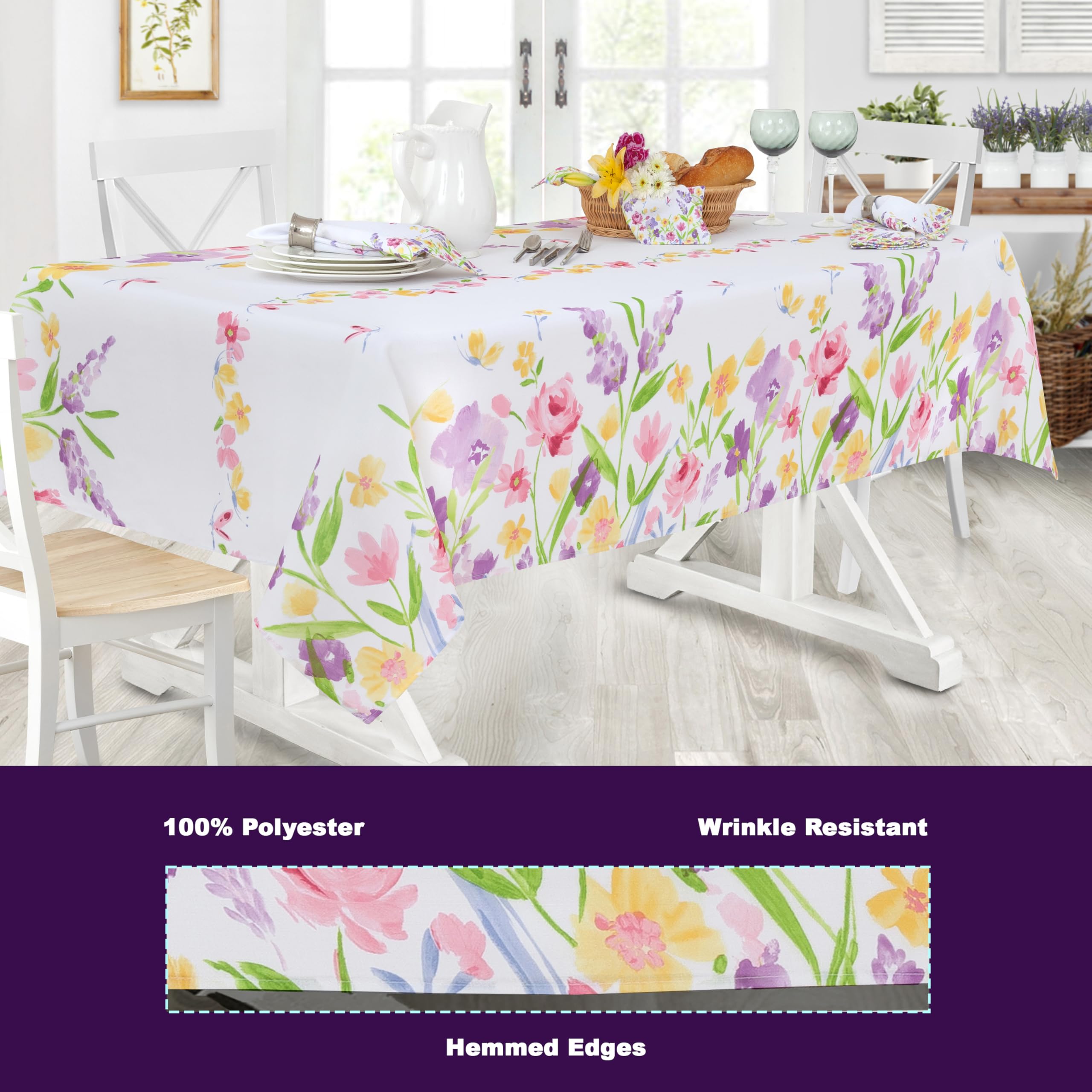 Newbridge Blooming Petals 52 x 70 Inch Rectangle Fabric Tablecloth, Easy Care and Stain Resistant Bordered Table Cover, Pink Green and Blue Spring Floral Blooms - Image 4