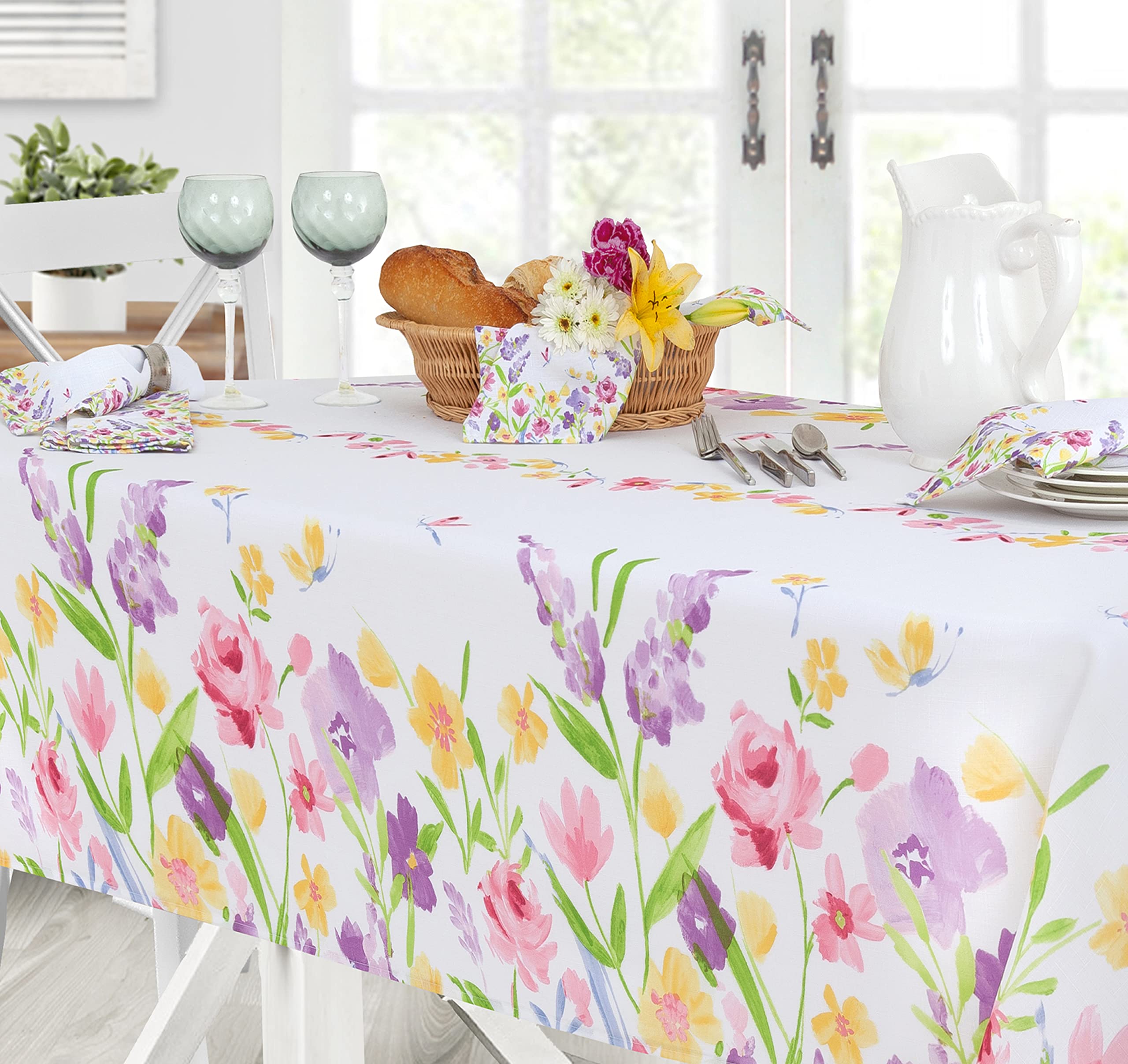 Newbridge Blooming Petals 52 x 70 Inch Rectangle Fabric Tablecloth, Easy Care and Stain Resistant Bordered Table Cover, Pink Green and Blue Spring Floral Blooms - Image 6