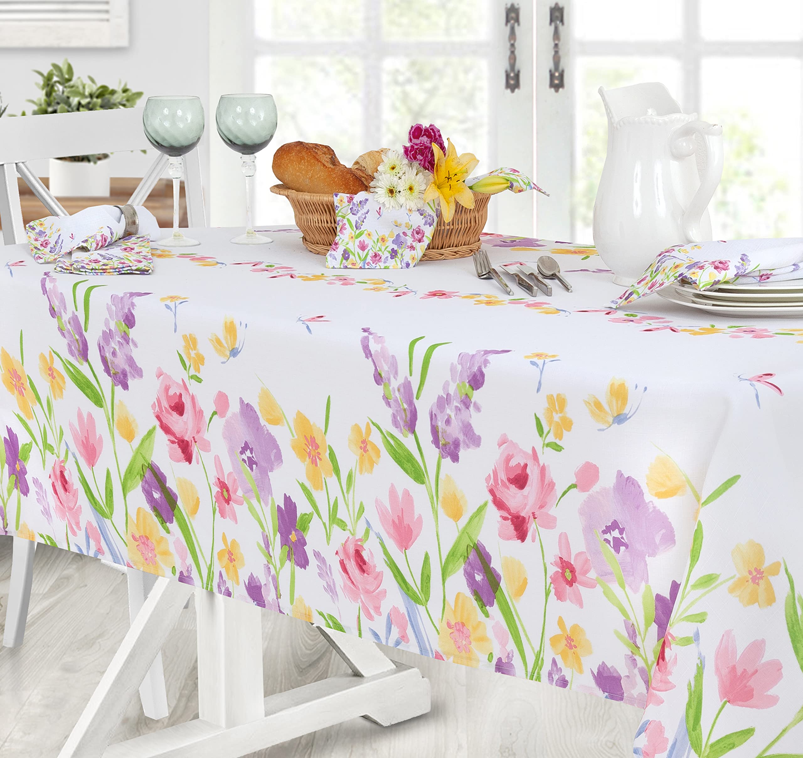 Newbridge Blooming Petals 52 x 70 Inch Rectangle Fabric Tablecloth, Easy Care and Stain Resistant Bordered Table Cover, Pink Green and Blue Spring Floral Blooms - Image 7
