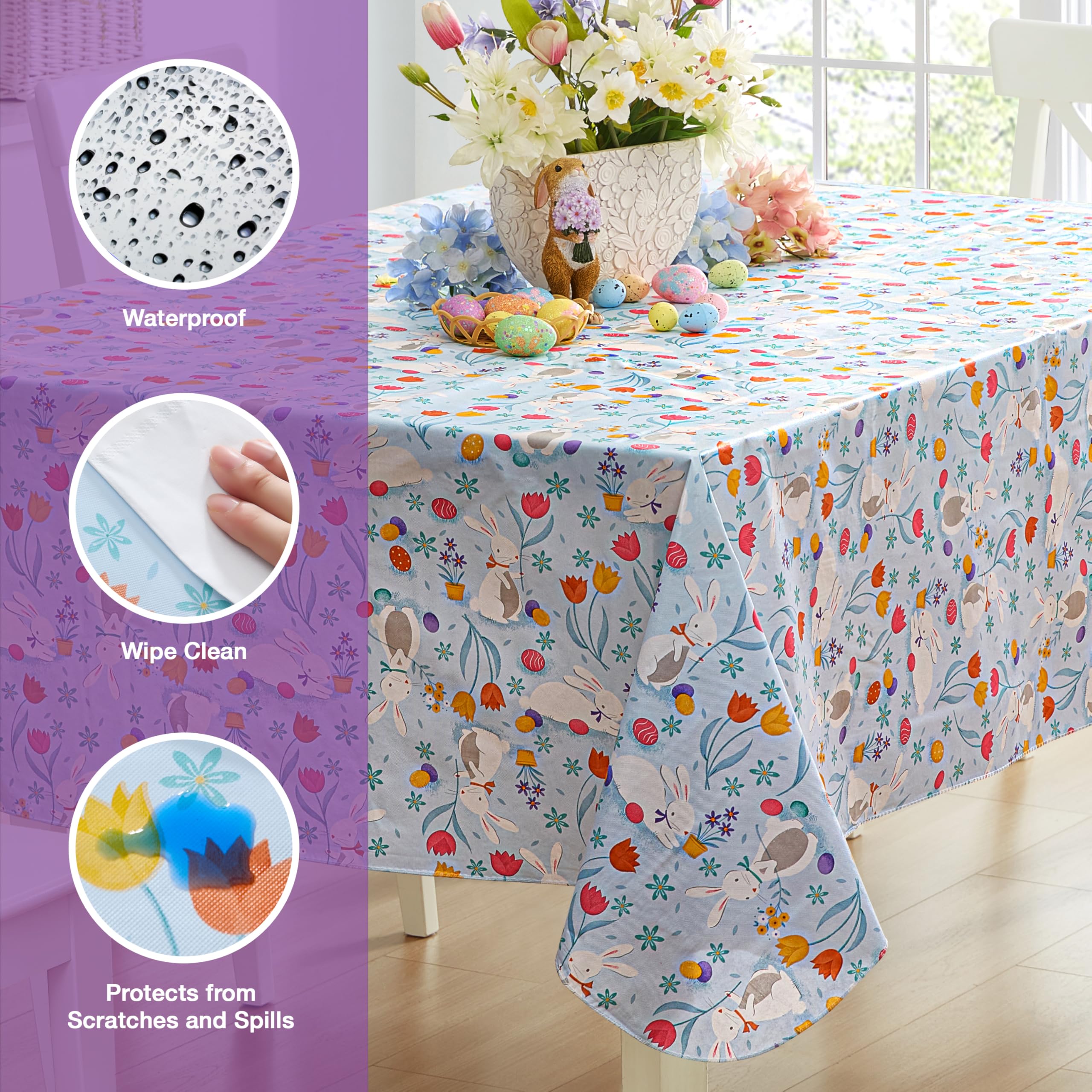 Newbridge Blue Easter Cotton Tail Bunny Party 52 x 52 inch Square Vinyl Tablecloth with Flannel Backing, Bunny Rabbit, Easter Eggs and Floral Design for Spring Holiday Dining Party - Image 3