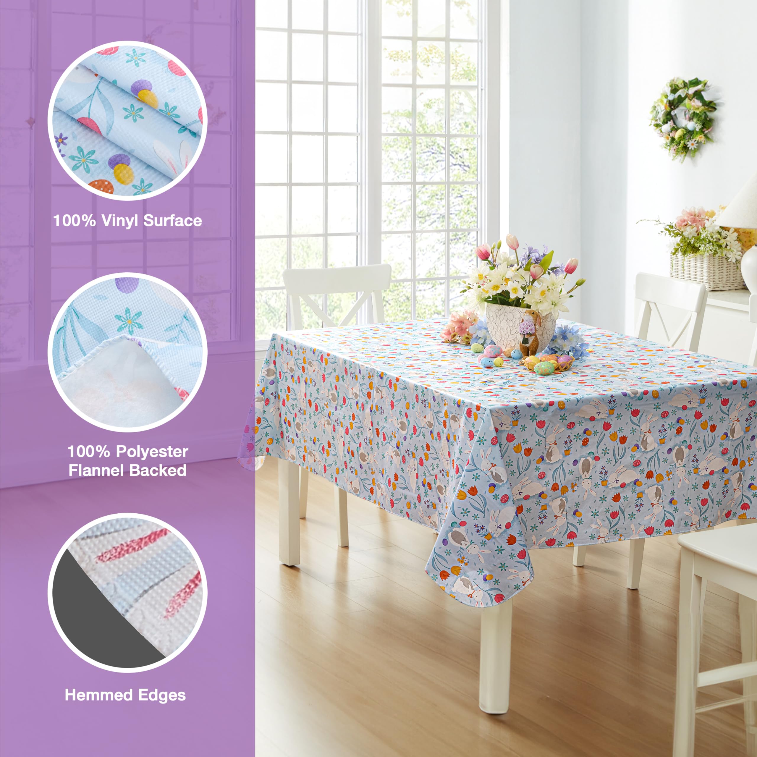 Newbridge Blue Easter Cotton Tail Bunny Party 52 x 52 inch Square Vinyl Tablecloth with Flannel Backing, Bunny Rabbit, Easter Eggs and Floral Design for Spring Holiday Dining Party - Image 4