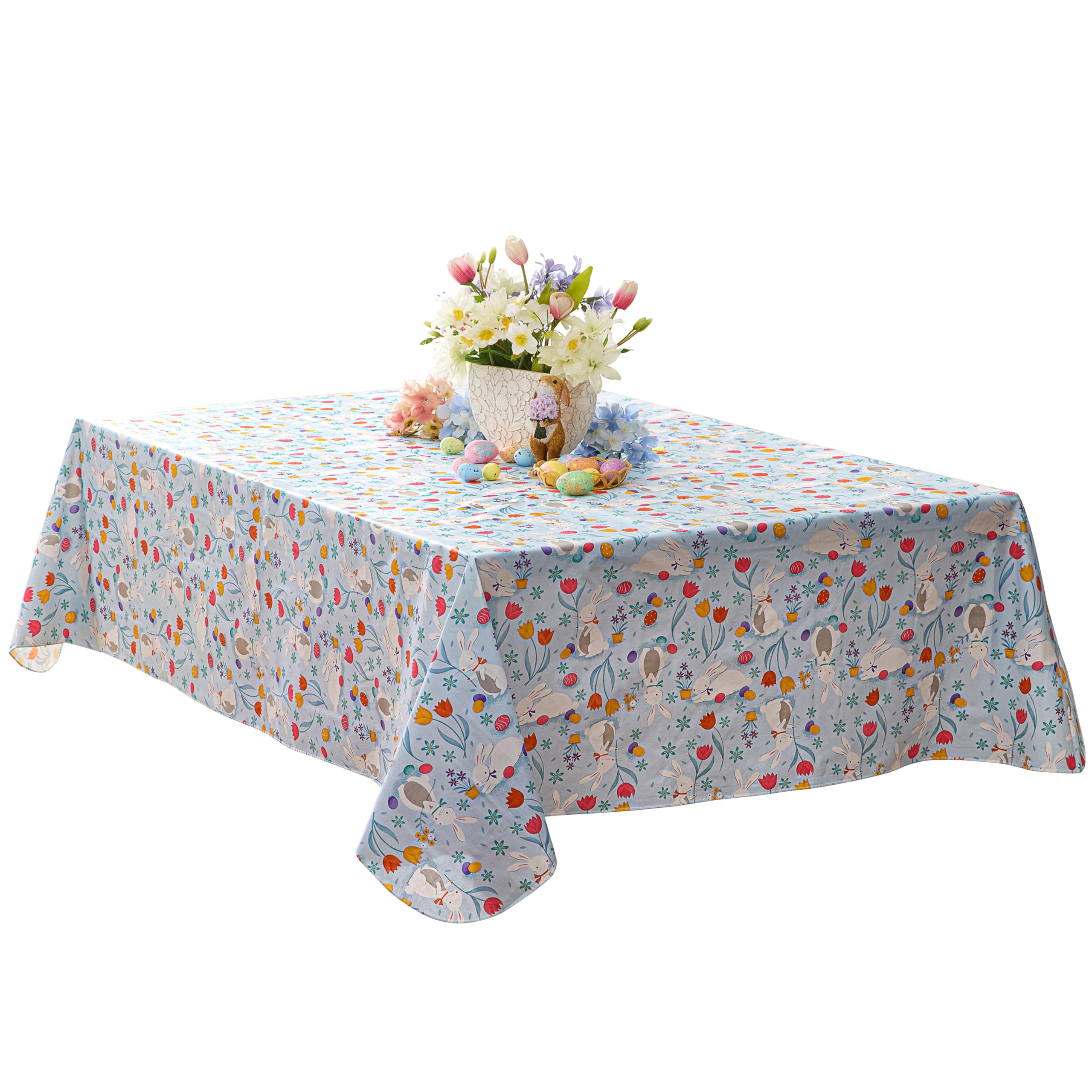 Newbridge Blue Easter Cotton Tail Bunny Party 52 x 52 inch Square Vinyl Tablecloth with Flannel Backing, Bunny Rabbit, Easter Eggs and Floral Design for Spring Holiday Dining Party - Image 8