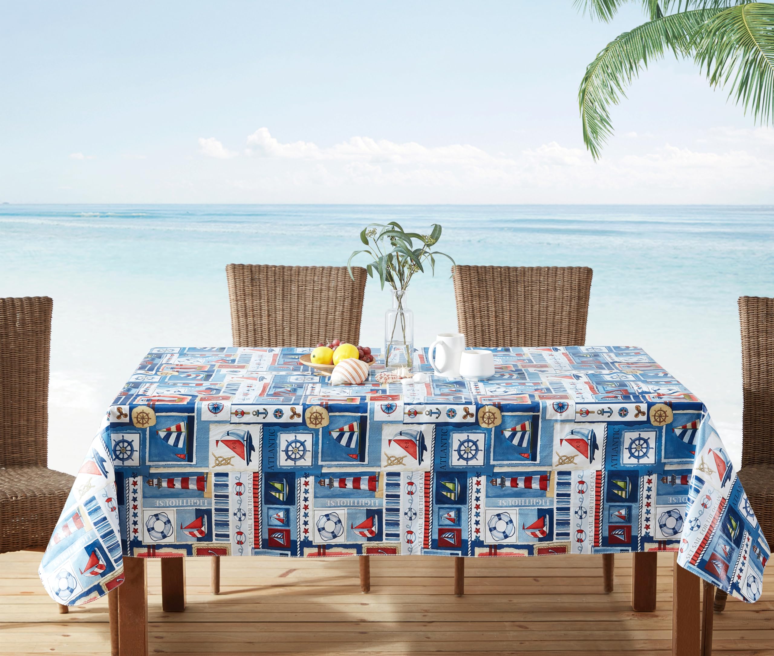 Newbridge Blue Nautical Sailboats and Lighthouses 52 x 70 Inch Rectangle Vinyl Flannel Backed Tablecloth, Patchwork Indoor Outdoor Holiday Dining Vinyl Flannel Backed Table Cover - Image 3