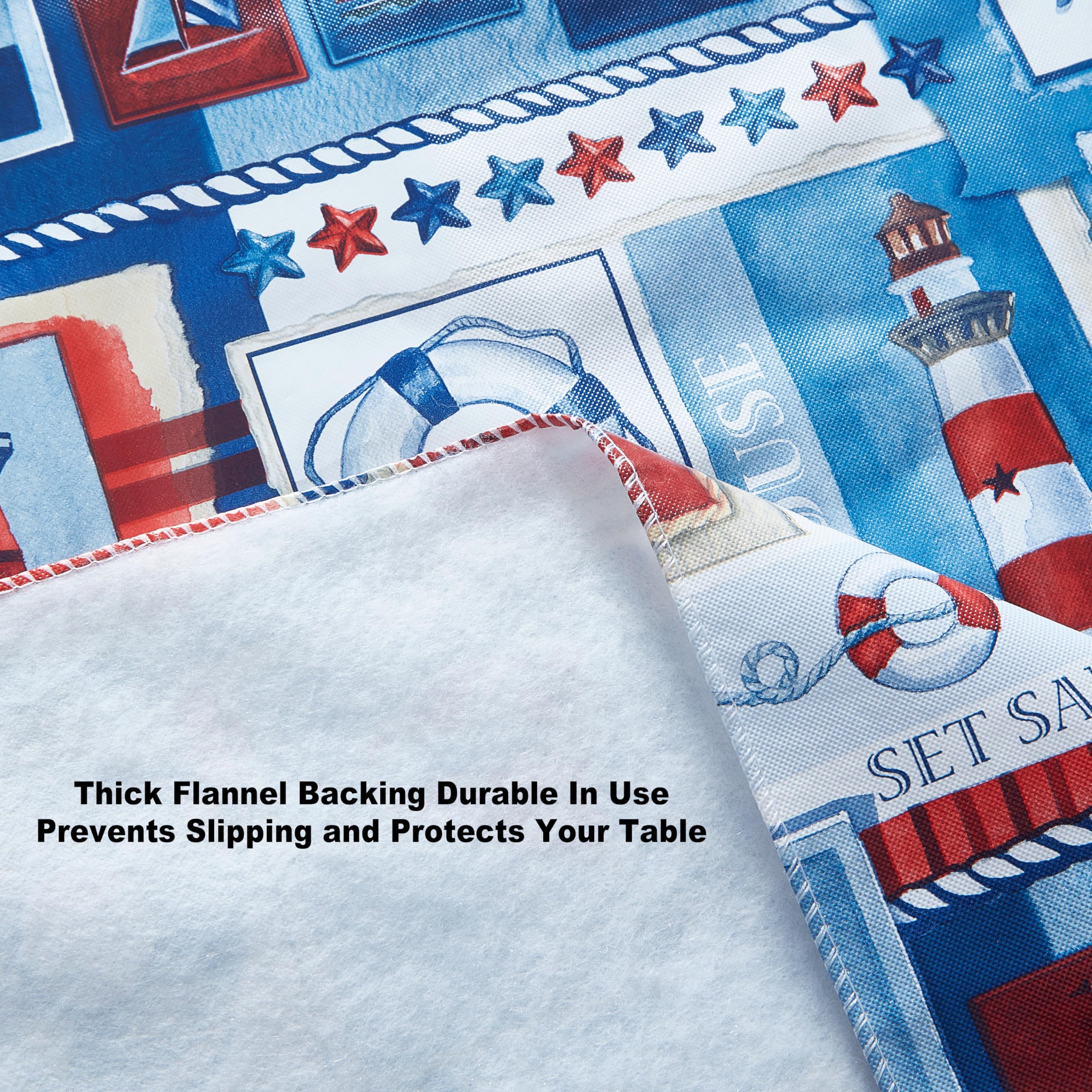Newbridge Blue Nautical Sailboats and Lighthouses 52 x 70 Inch Rectangle Vinyl Flannel Backed Tablecloth, Patchwork Indoor Outdoor Holiday Dining Vinyl Flannel Backed Table Cover - Image 4
