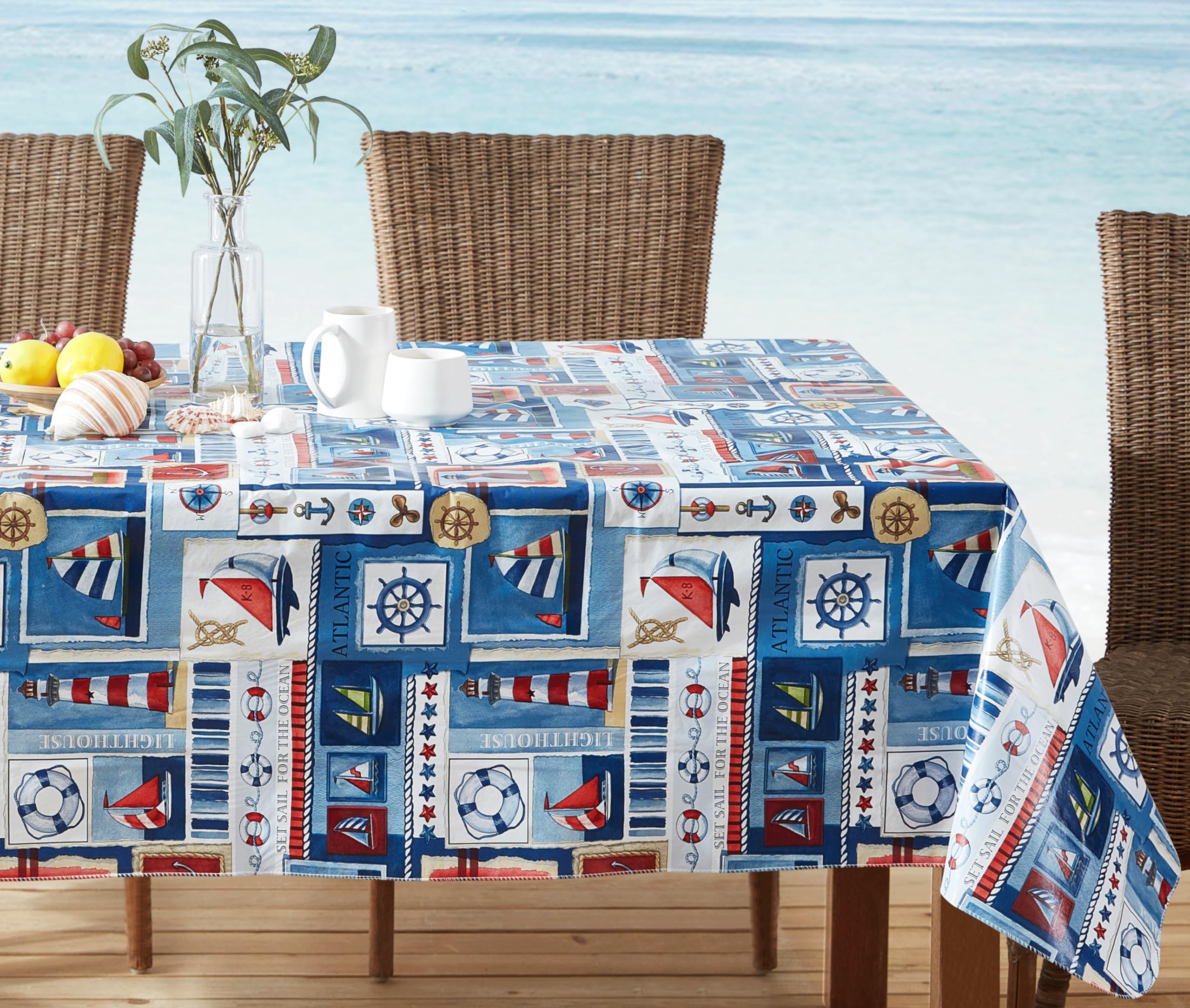 Newbridge Blue Nautical Sailboats and Lighthouses 52 x 70 Inch Rectangle Vinyl Flannel Backed Tablecloth, Patchwork Indoor Outdoor Holiday Dining Vinyl Flannel Backed Table Cover - Image 5